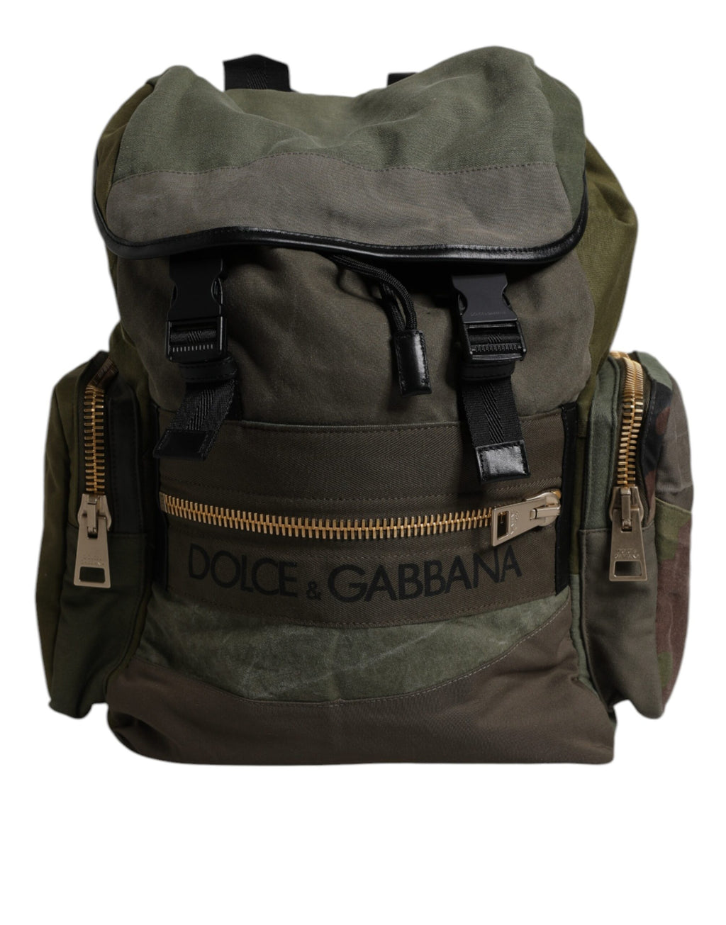 Sac à dos militaire vert patchwork Dolce & Gabbana avec plusieurs poches et détails stylés, vue de face.