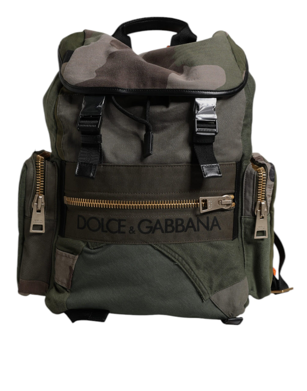 Sac à dos de voyage militaire vert patchwork Dolce & Gabbana, avec plusieurs poches et détails en tissu résistant.
