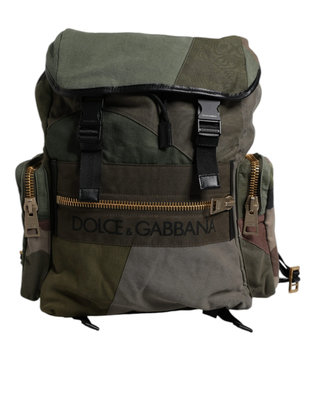 Sac à dos de voyage Dolce & Gabbana en tissu patchwork vert militaire avec logo et poches extérieures.