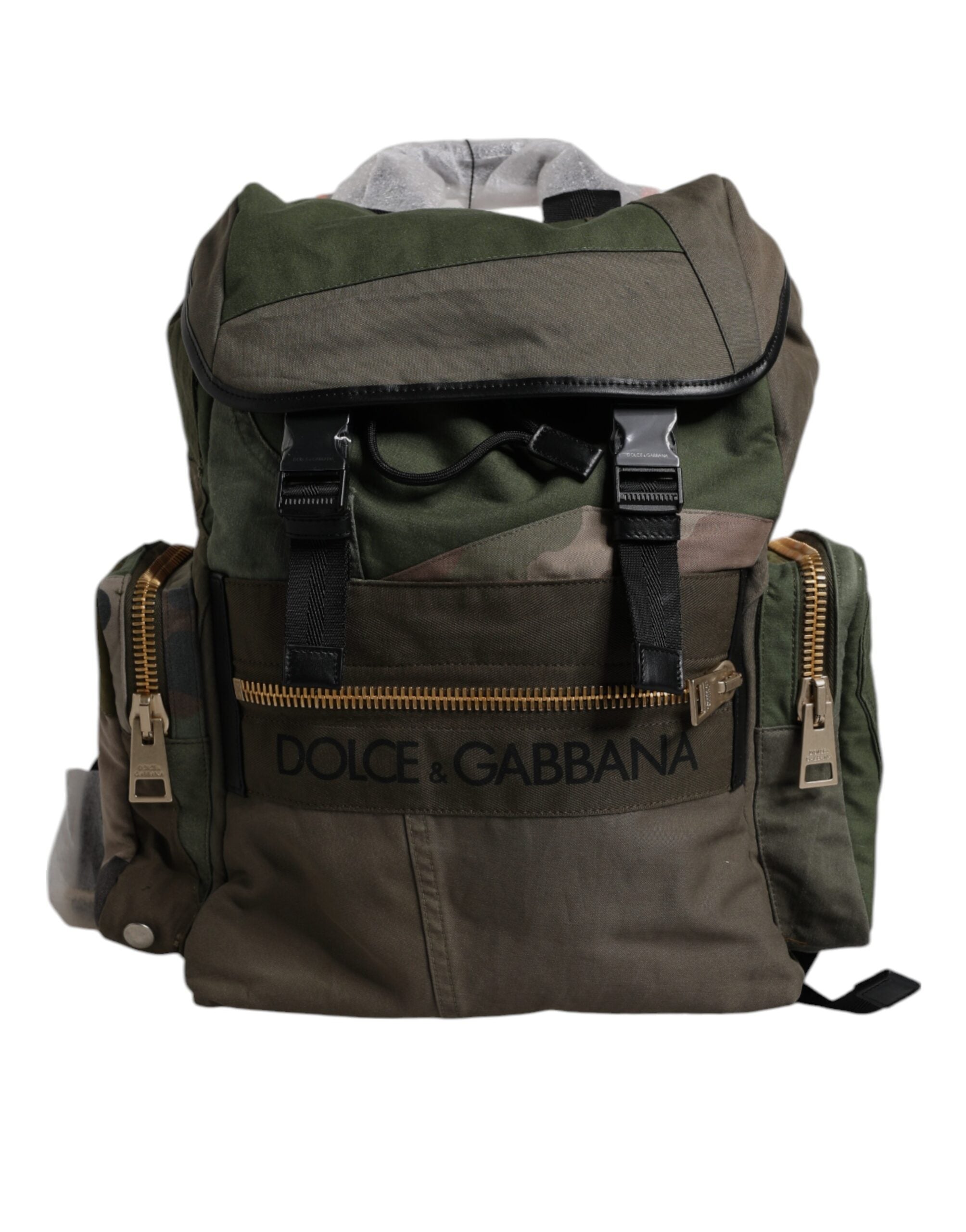 Sac à dos de voyage Dolce & Gabbana en patchwork vert militaire, avec plusieurs poches et détails stylés.
