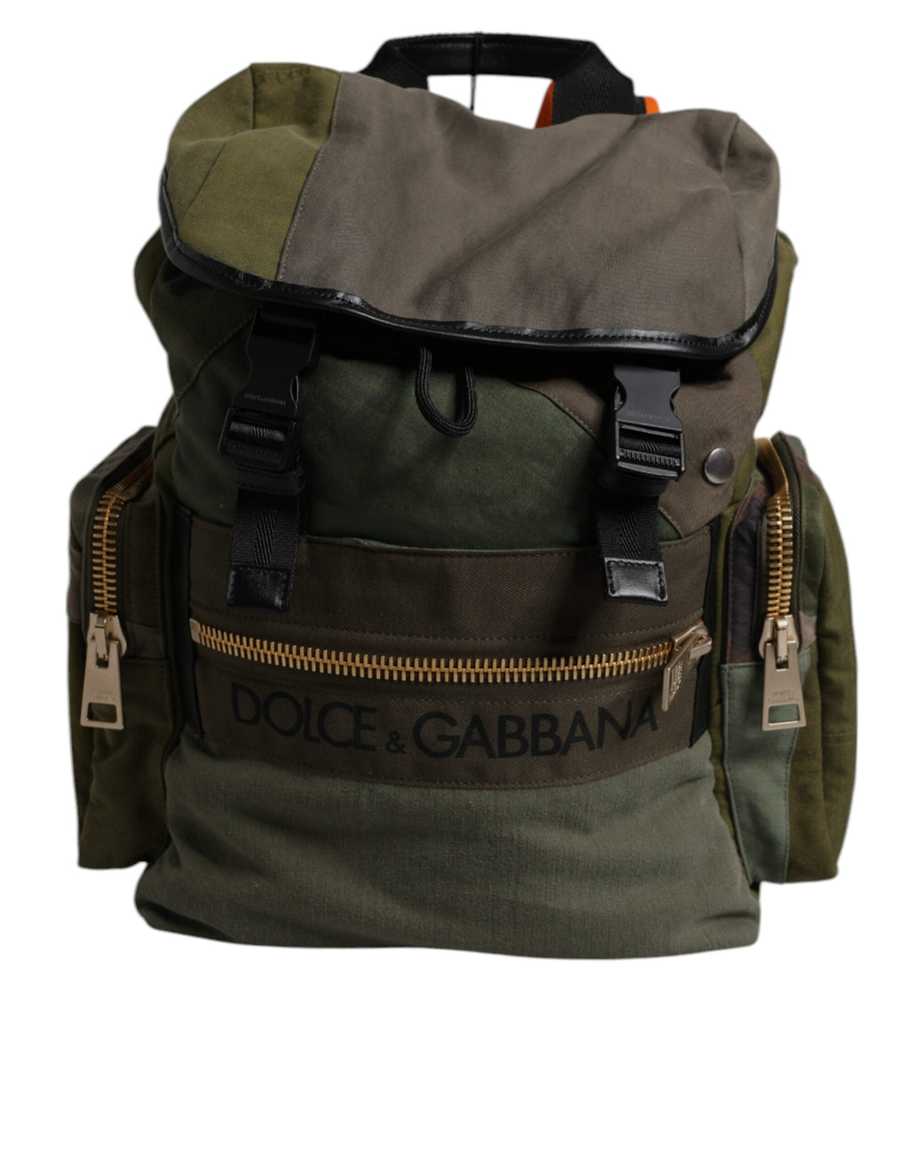 Sac à dos de voyage Dolce & Gabbana en vert militaire avec patchwork, design élégant et pratique.