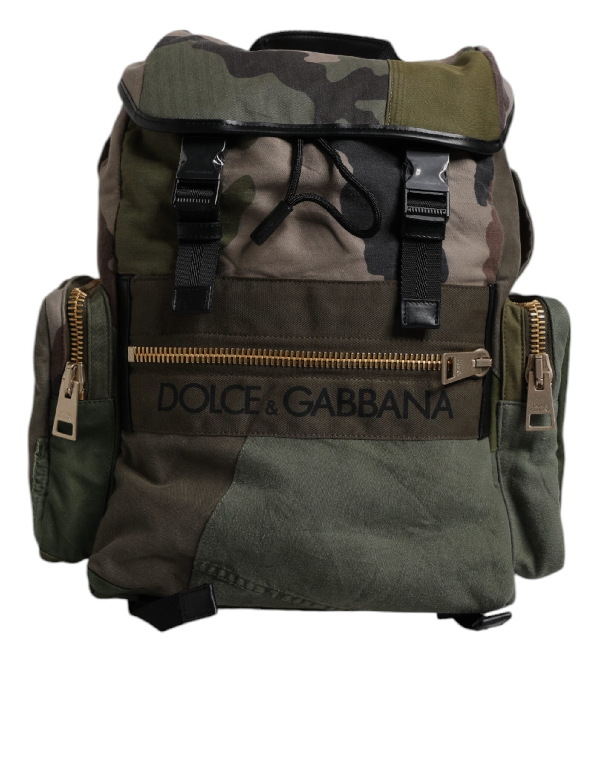 Sac à dos de voyage Dolce & Gabbana en vert militaire avec patchwork, idéal pour le style et la praticité.