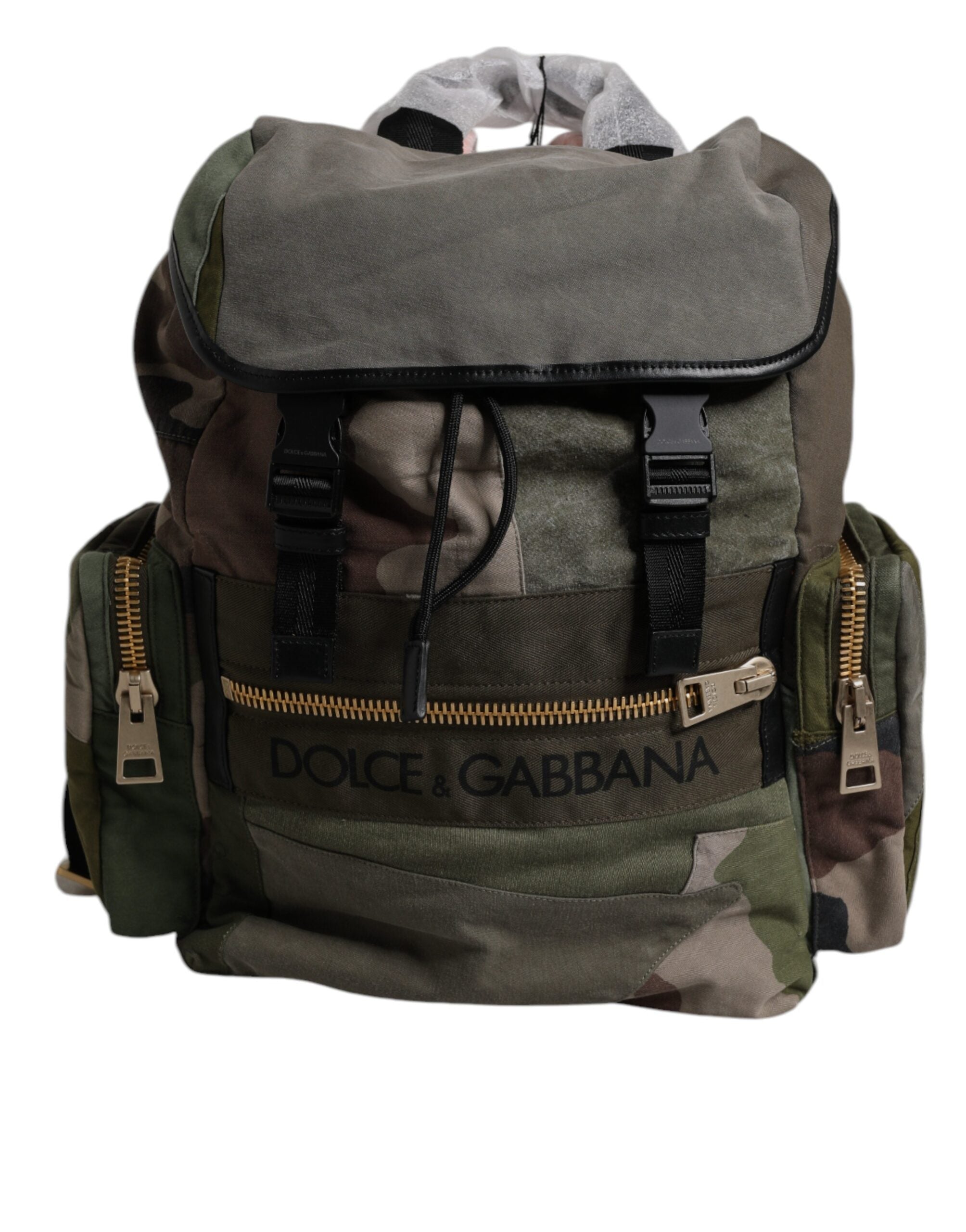 Sac à dos scolaire Dolce & Gabbana vert militaire avec patchwork, design tendance et bandoulière réglable.