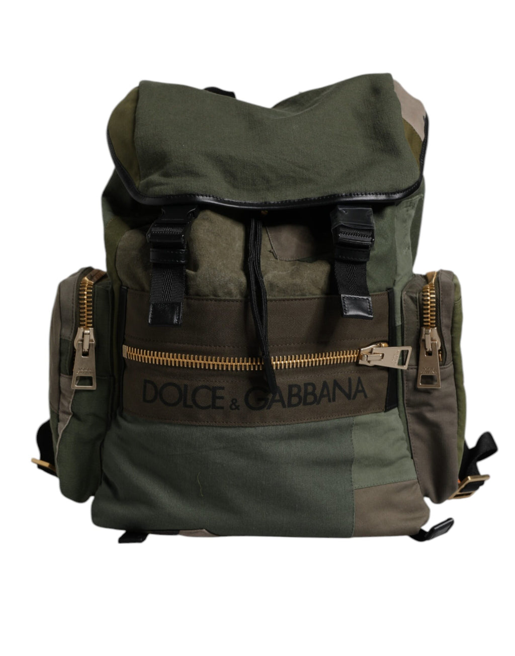 Sac à dos Dolce & Gabbana en tissu militaire vert avec patchs, style scolaire et détails modernes.