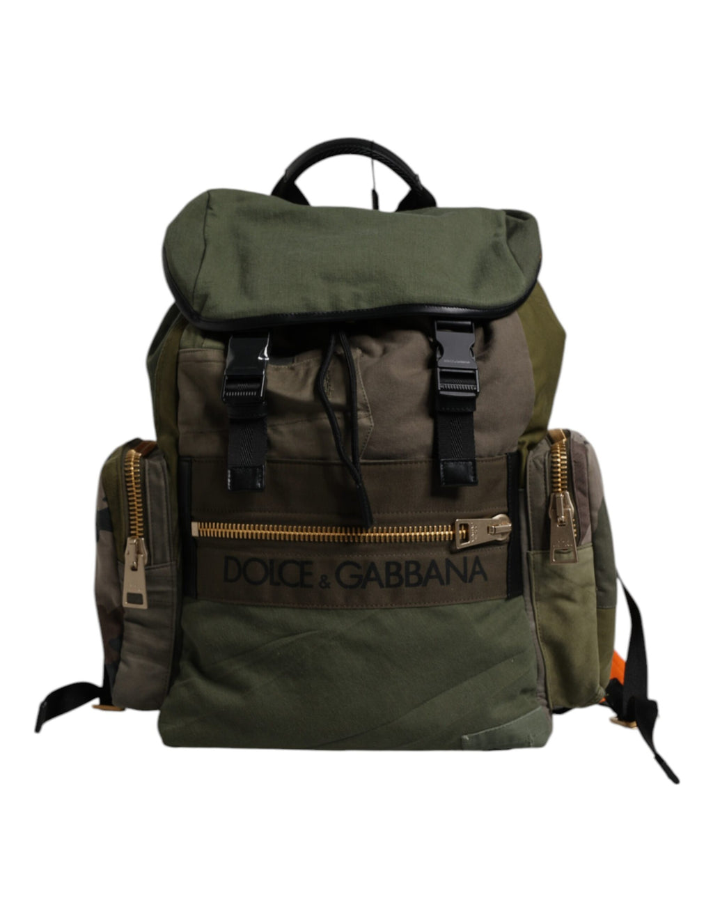 Sac à dos de voyage vert militaire Dolce & Gabbana avec patchwork, poignées en cuir et plusieurs compartiments.