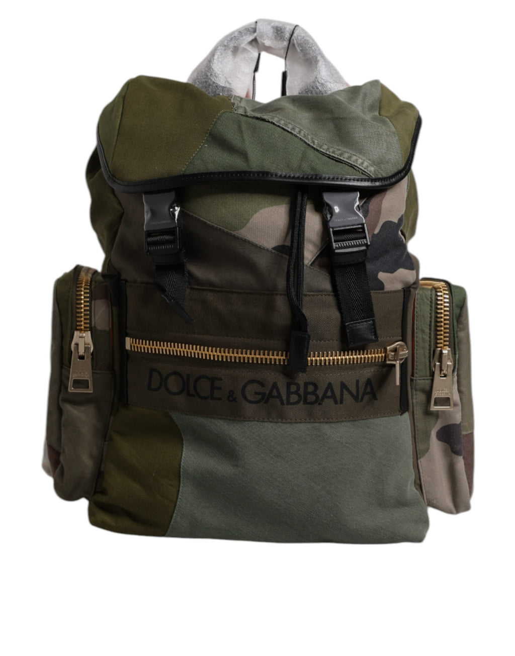 Sac à dos de voyage Dolce & Gabbana en tissu patchwork vert militaire, avec poches et bretelles réglables.