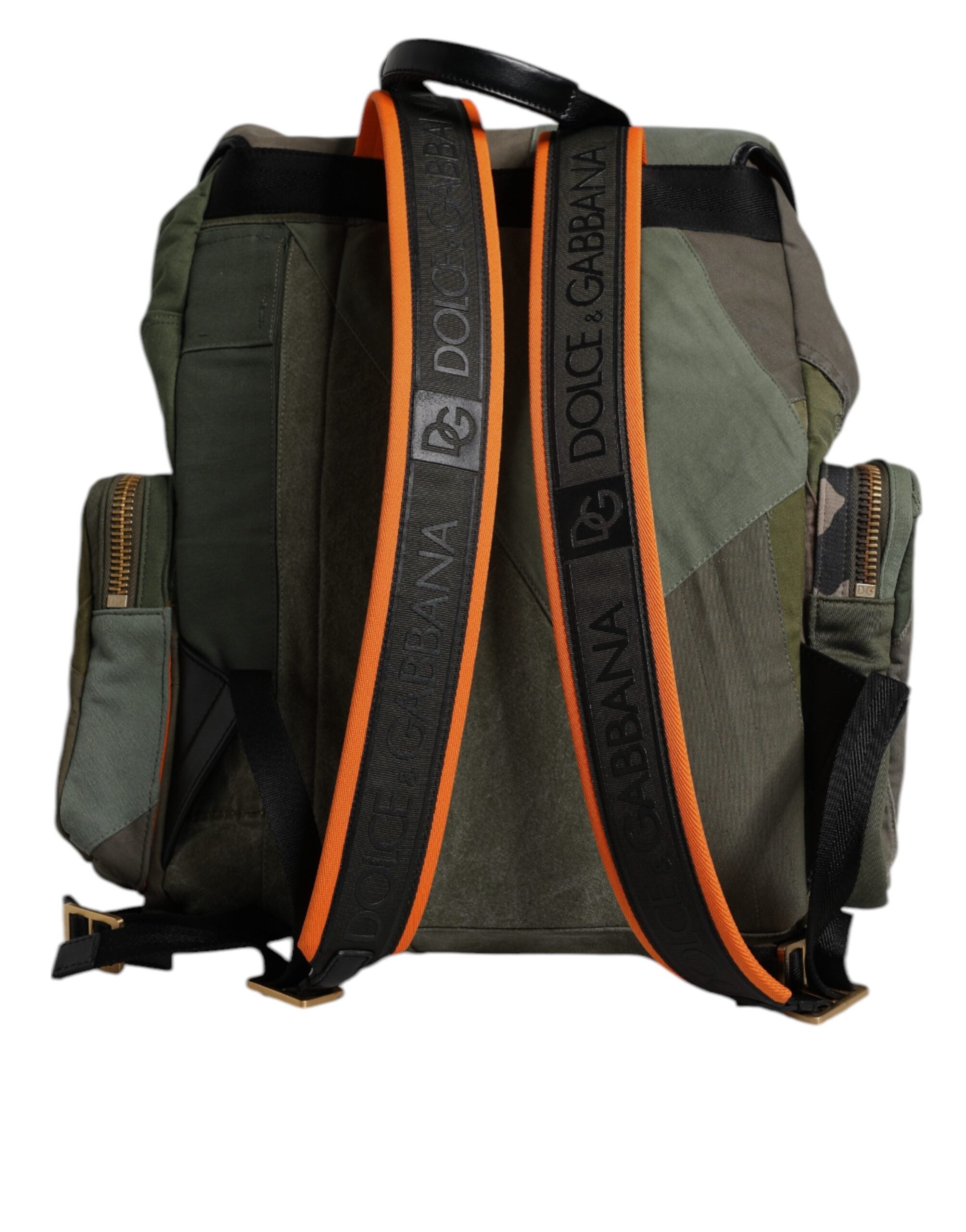 Sac à dos de voyage en patchwork vert militaire Dolce & Gabbana, avec bandoulière et détails en tissu épais.