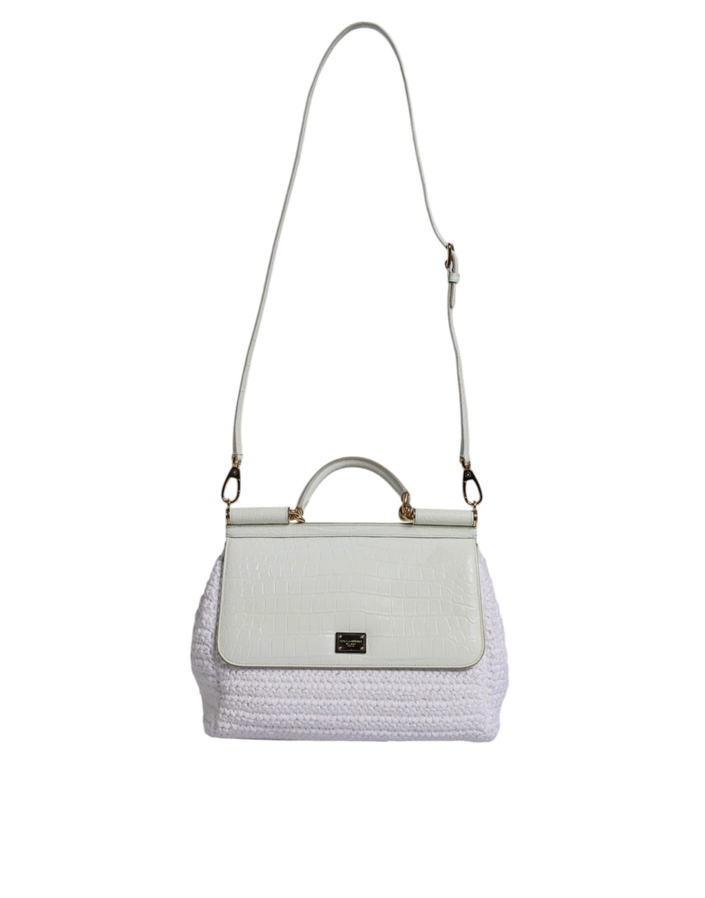 Sac à main Dolce & Gabbana en rafia blanc et cuir avec poignée courte, sac bandoulière élégant et sophistiqué.
