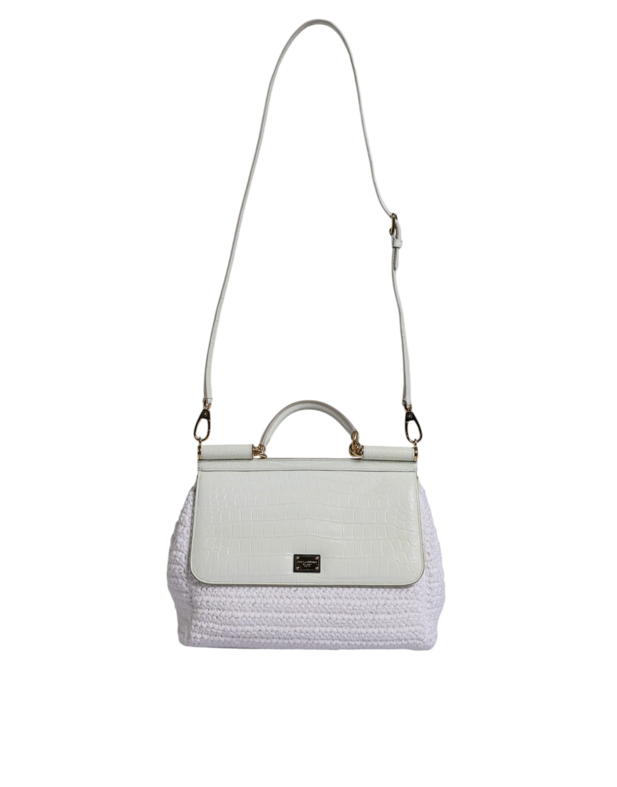 Sac à main Dolce & Gabbana en rafia blanc et cuir avec poignée courte, sac bandoulière élégant et sophistiqué.