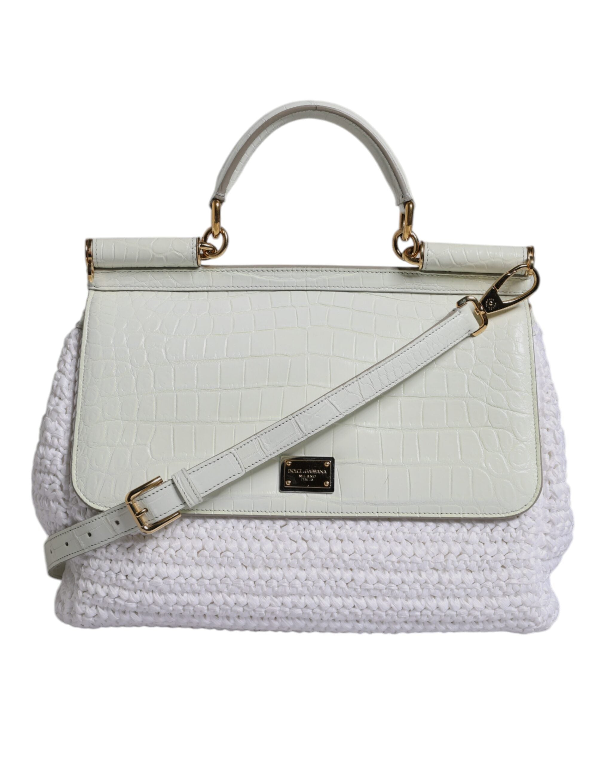 Sac à main bandoulière Dolce & Gabbana en raphia blanc et cuir avec poignée en cuir, vue de face.