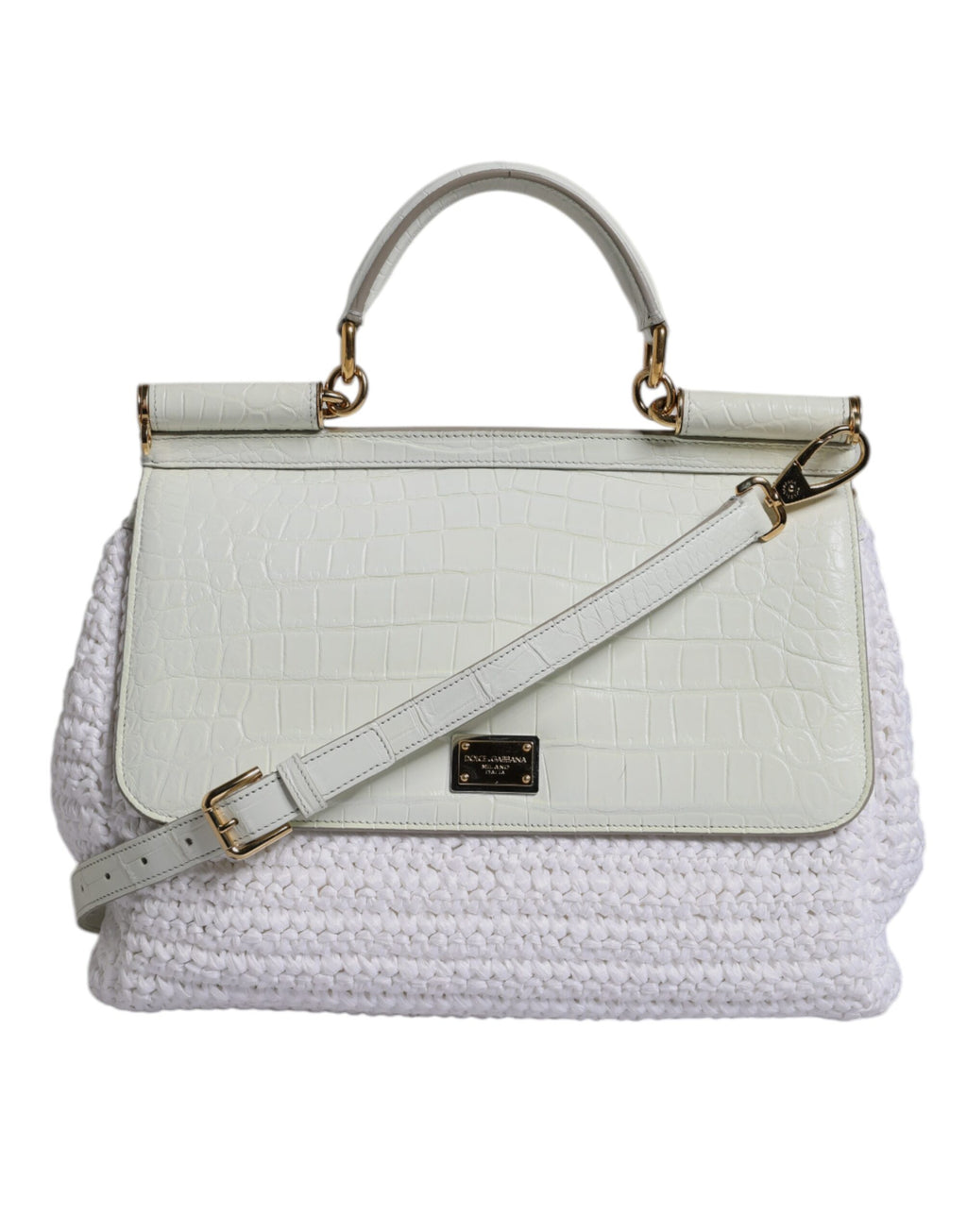 Sac à bandoulière Dolce & Gabbana en cuir blanc avec poignée en raphia, design élégant et pratique.