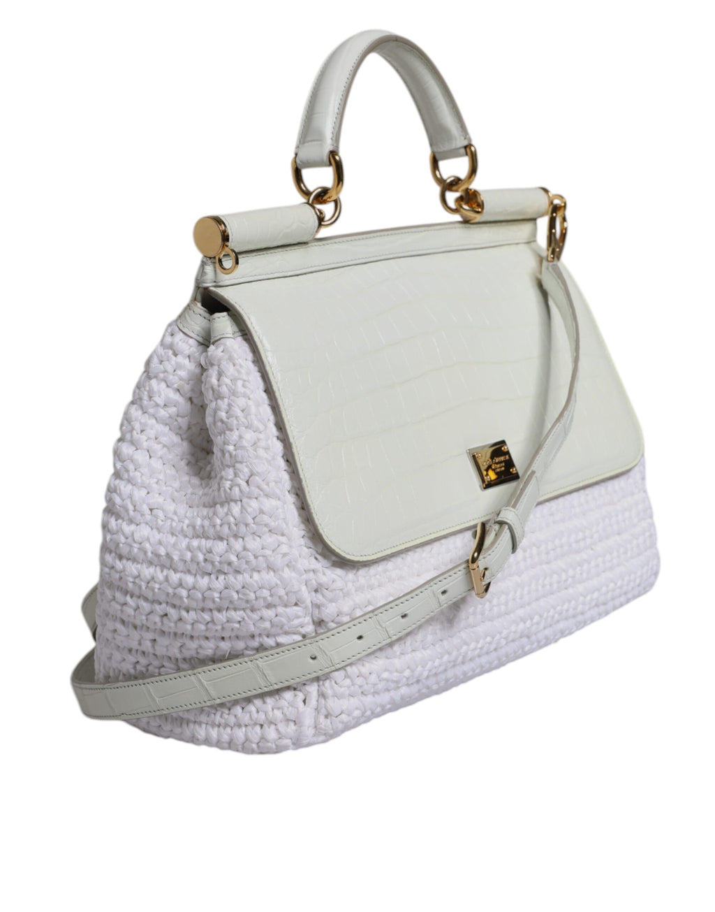 Sac à main Dolce & Gabbana en rafia blanc avec poignée en cuir, sac bandoulière élégant et sophistiqué.