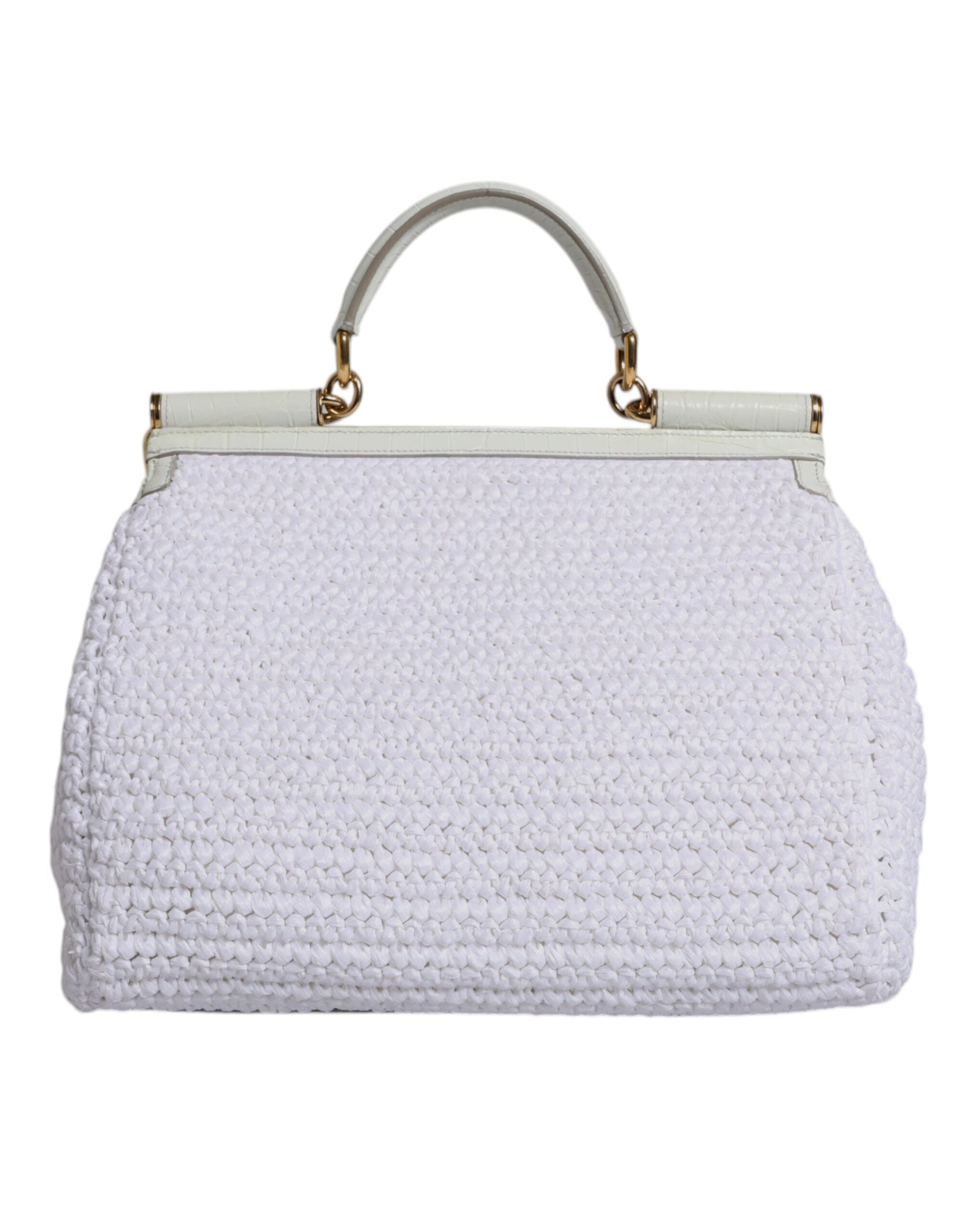 Sac à main Dolce & Gabbana en rafia blanche avec poignée en cuir, sac bandoulière élégant et tendance.