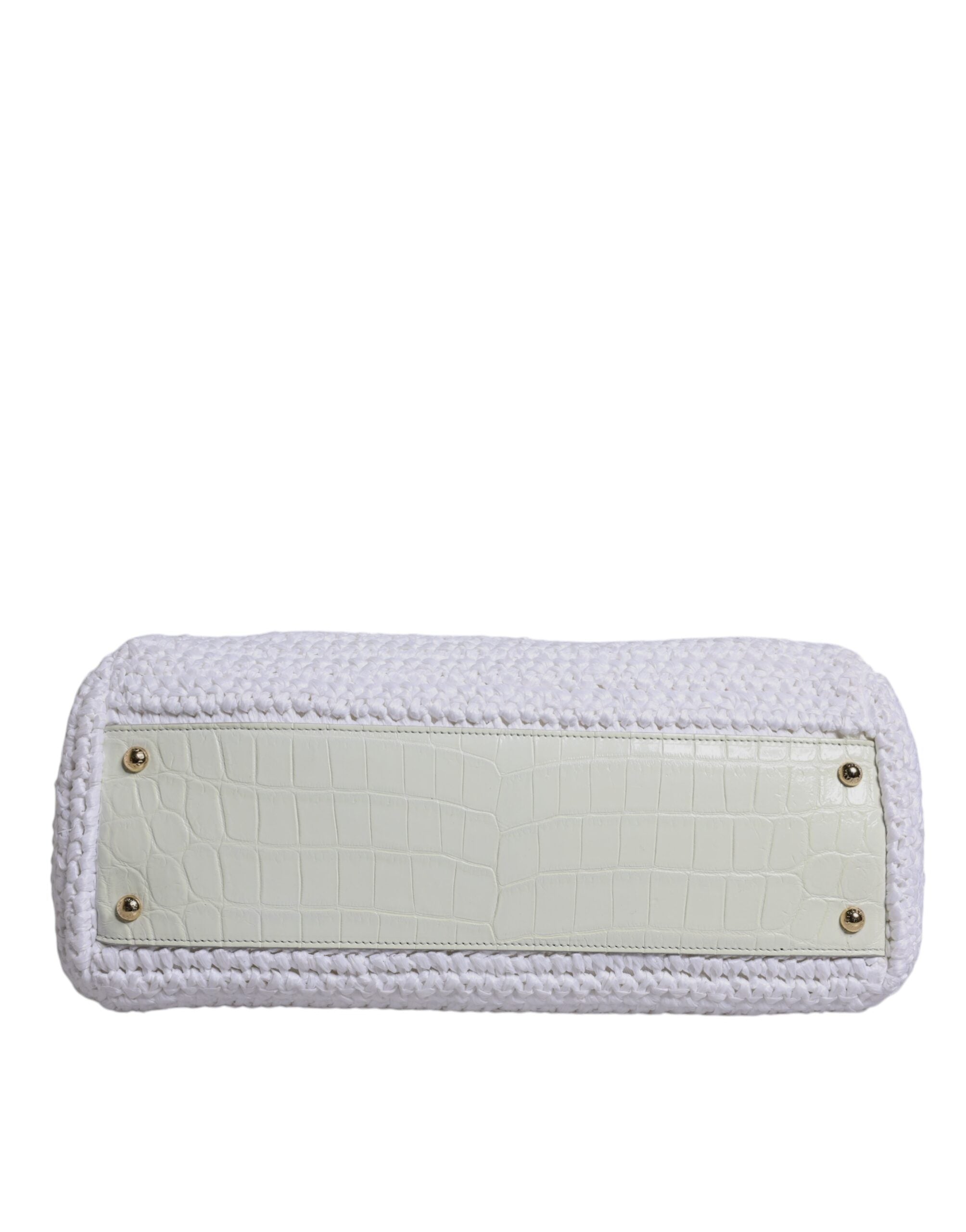 Sac à main Dolce & Gabbana en raphia blanc avec poignée en cuir, sac bandoulière élégant et tendance.
