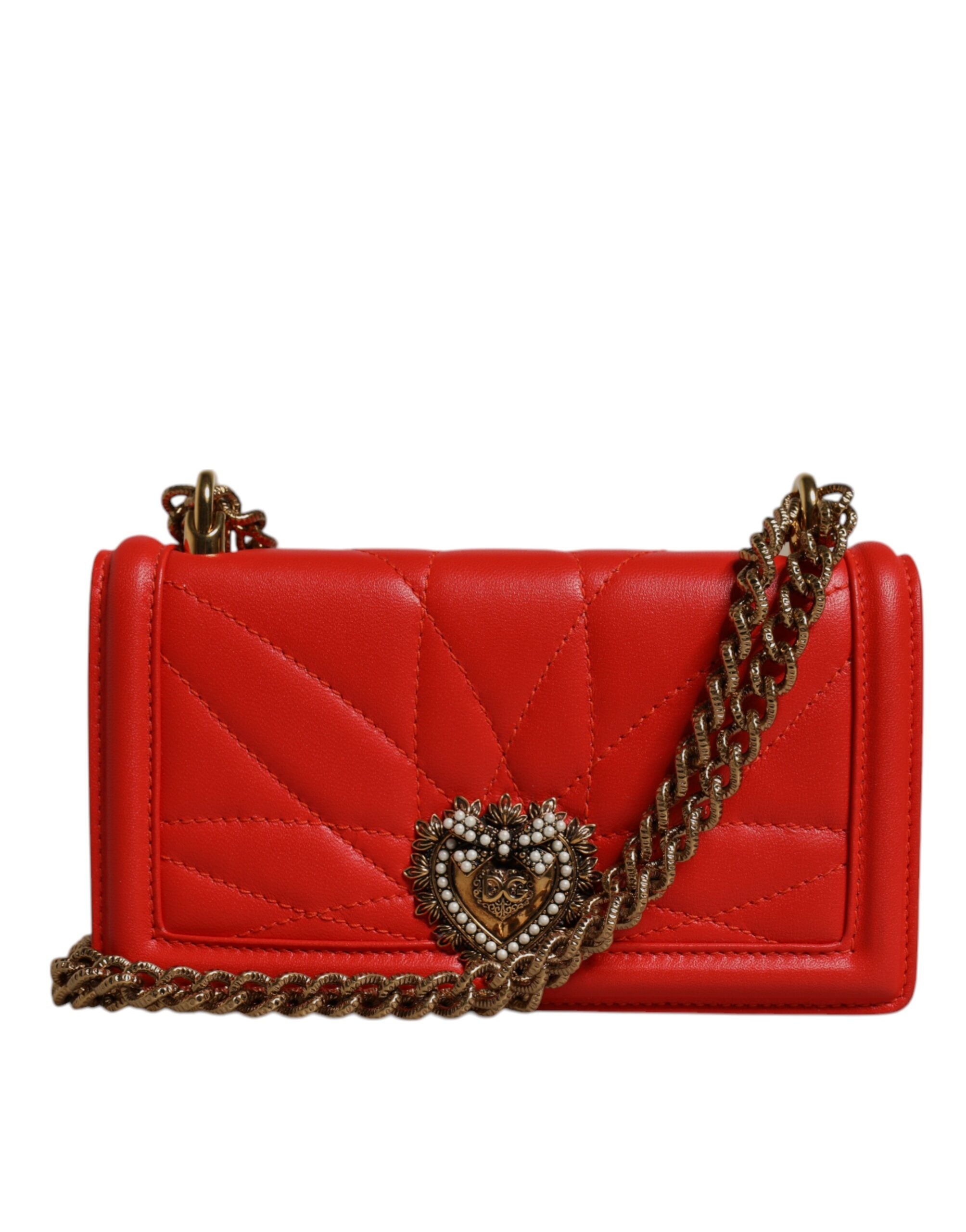 Sac à main Dolce & Gabbana Devotion en bandoulière rouge matelassé avec chaîne pour téléphone.