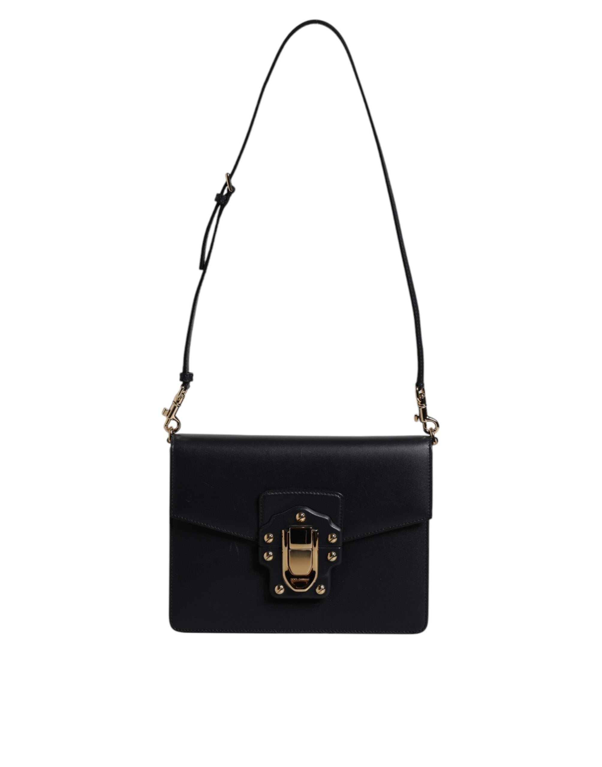 Sac à main Dolce & Gabbana en cuir de veau noir avec bandoulière, visible avec détails et texture du cuir.
