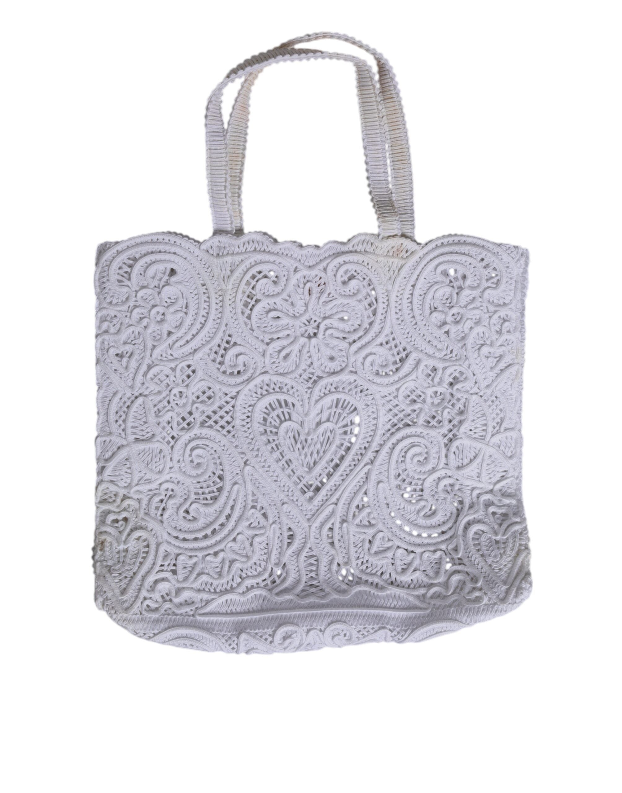 Sac shopping Dolce & Gabbana Cordonetto en dentelle blanche Beatrice, élégant sac en tissu avec détails en dentelle.