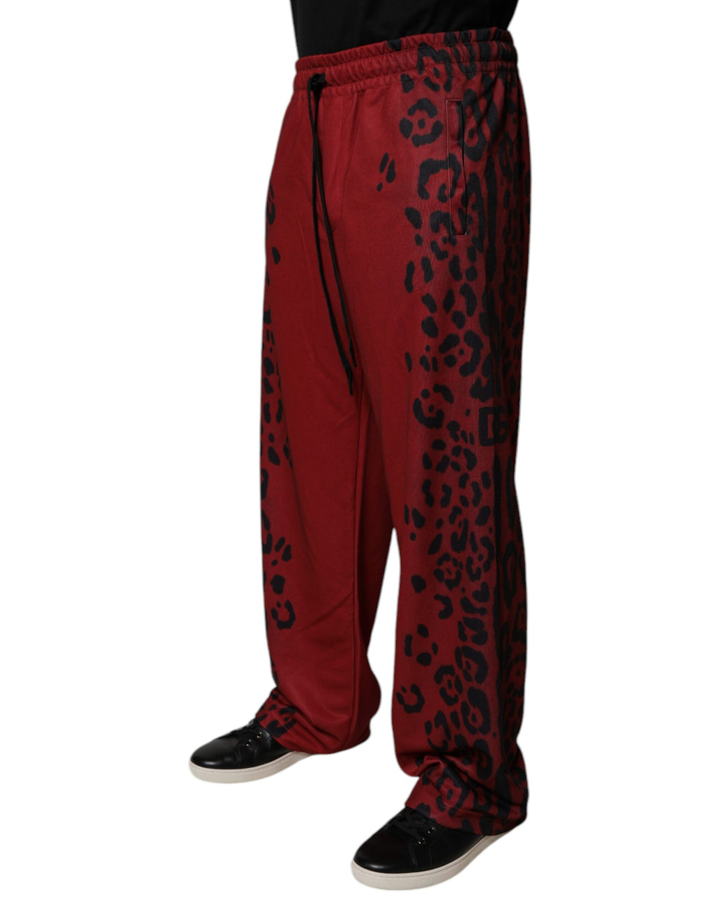 Pantalons jogger pour hommes Dolce & Gabbana en polyester à motif léopard rouge, style décontracté et tendance.