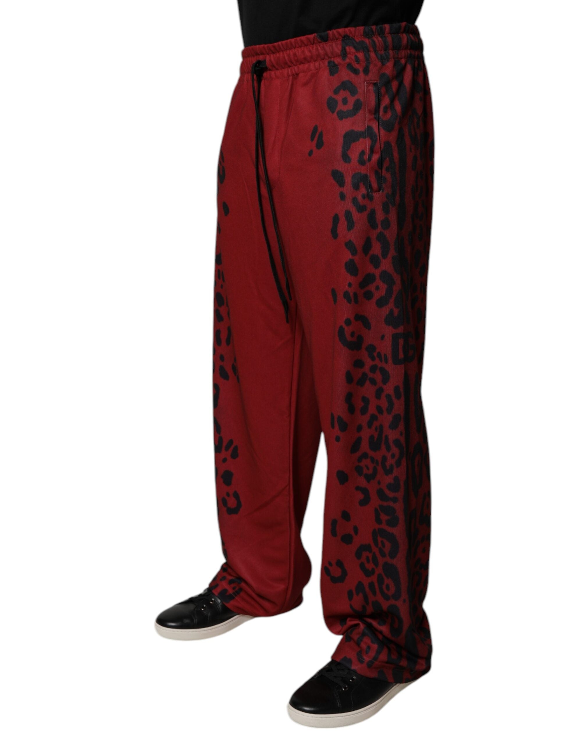 Pantalons jogger pour hommes Dolce & Gabbana en polyester à motif léopard rouge, style décontracté et tendance.