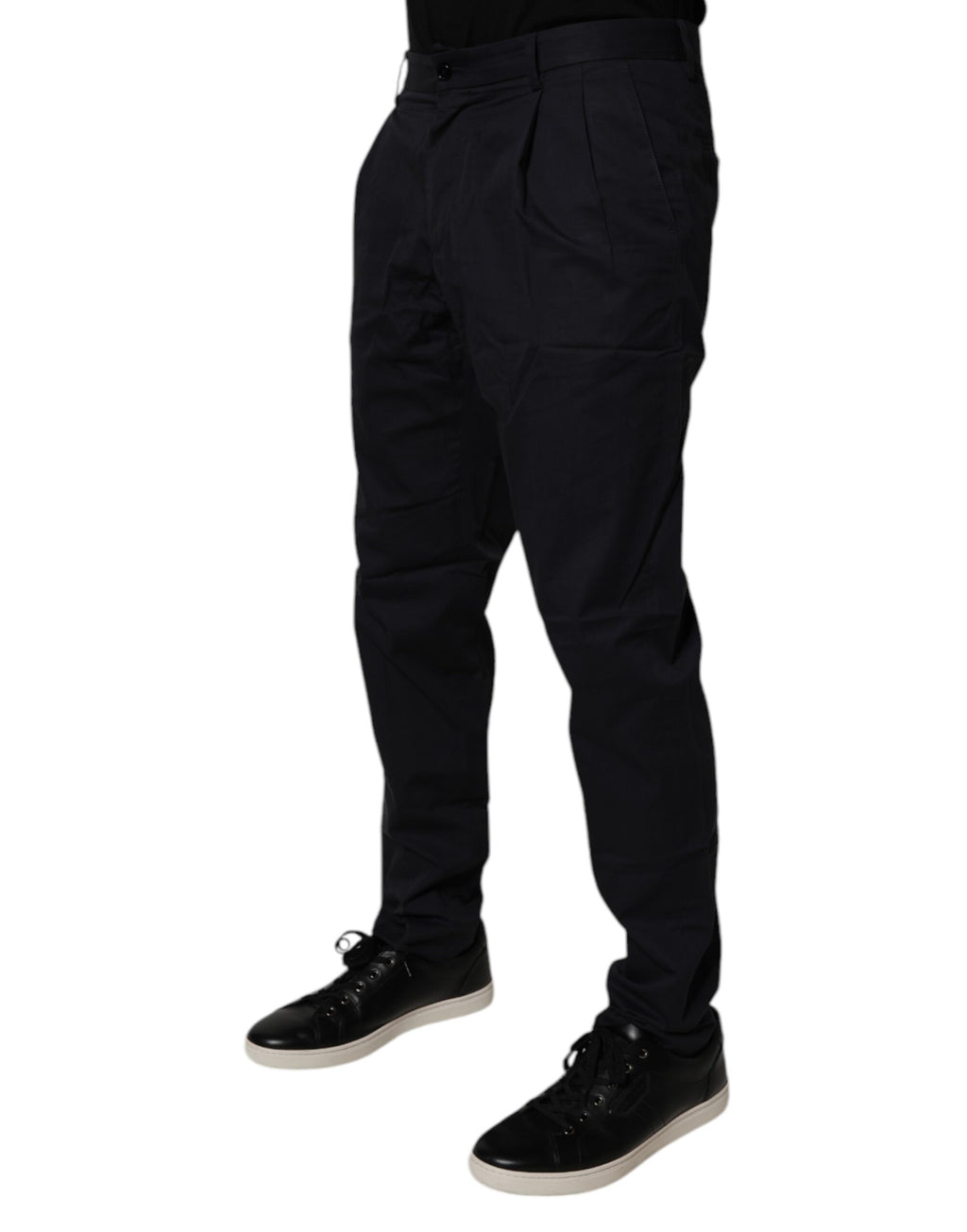 Pantalon formel bleu foncé en coton de coupe tapered de Dolce & Gabbana, vue de face sur fond blanc.