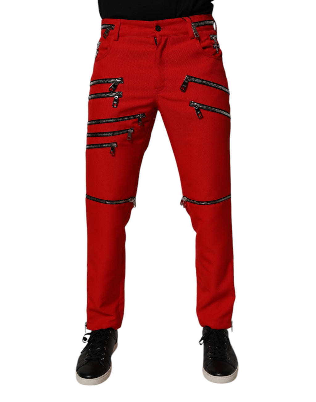 Pantalons droits rouges Dolce & Gabbana avec zip orné et détails embellis, vue de face.