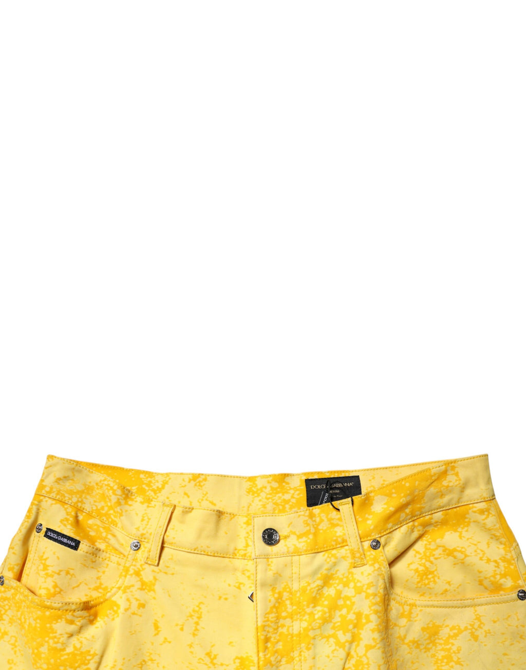 Jeans en denim droit jaune tie-dye en coton de Dolce & Gabbana, visibles avec leur motif coloré et coupe classique.