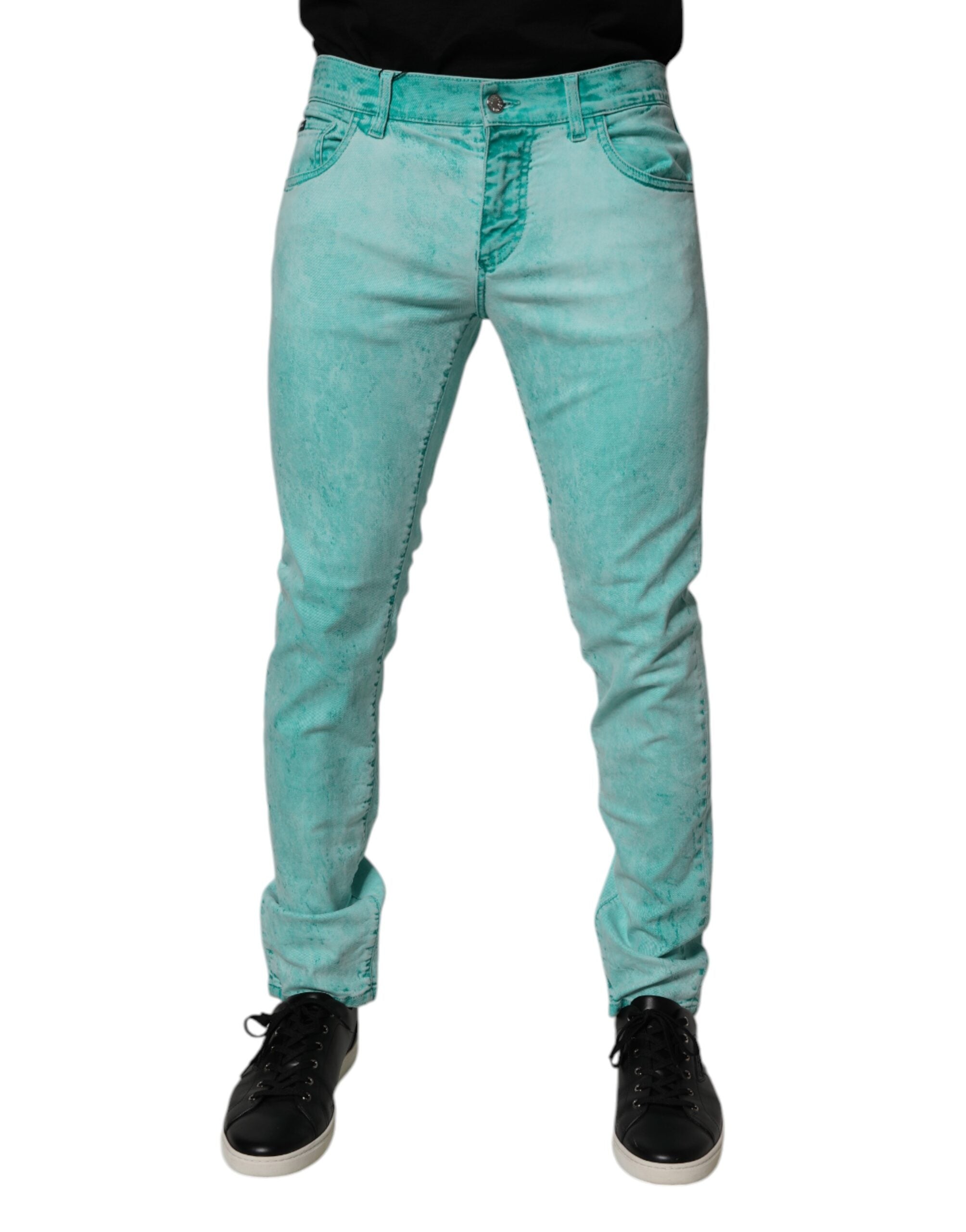 Jeans homme en denim skinny vert tie-dye en coton de Dolce & Gabbana, style moderne et tendance.
