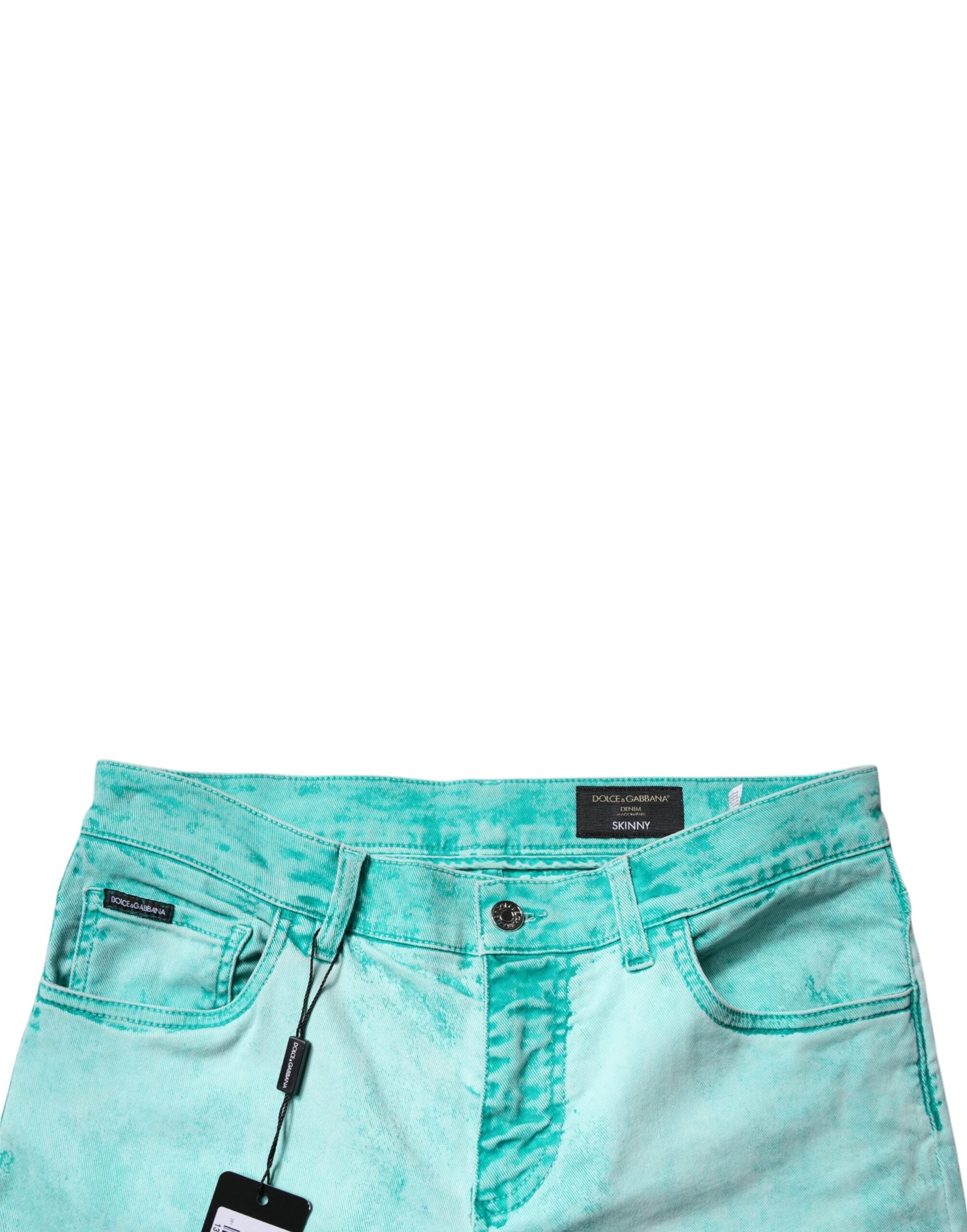 Jeans skinny pour homme Dolce & Gabbana en coton tie-dye vert avec effet denim, mode tendance et ajusté.