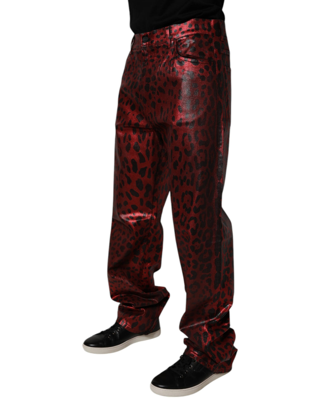 Jeans homme Dolce & Gabbana en coton rouge à motif léopard, coupe droite et style décontracté.