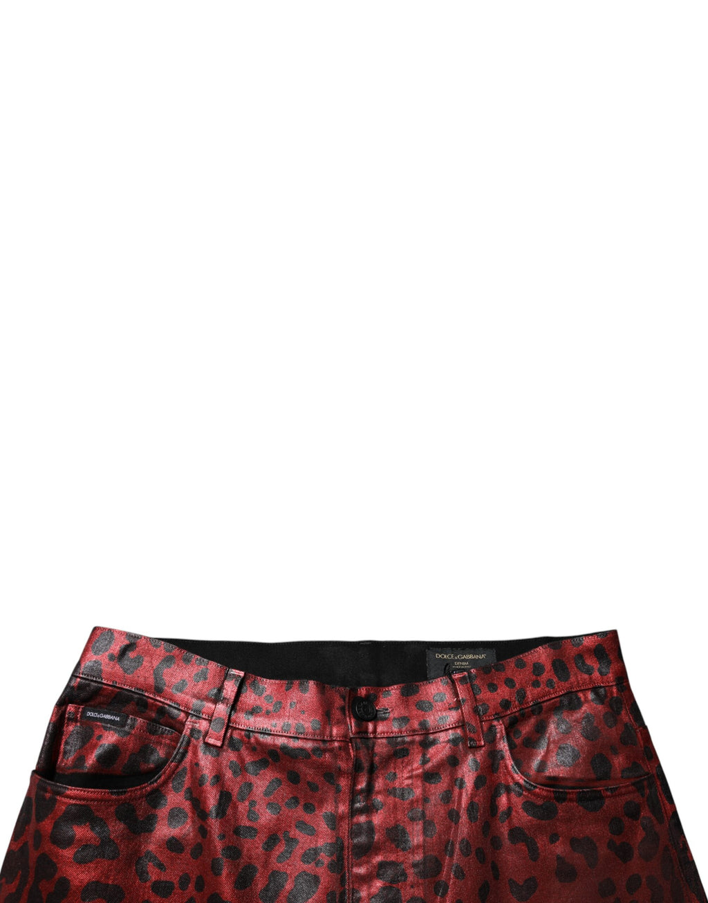 Jeans homme en coton rouge à léopard de Dolce & Gabbana, coupe droite, avec motif animalier.