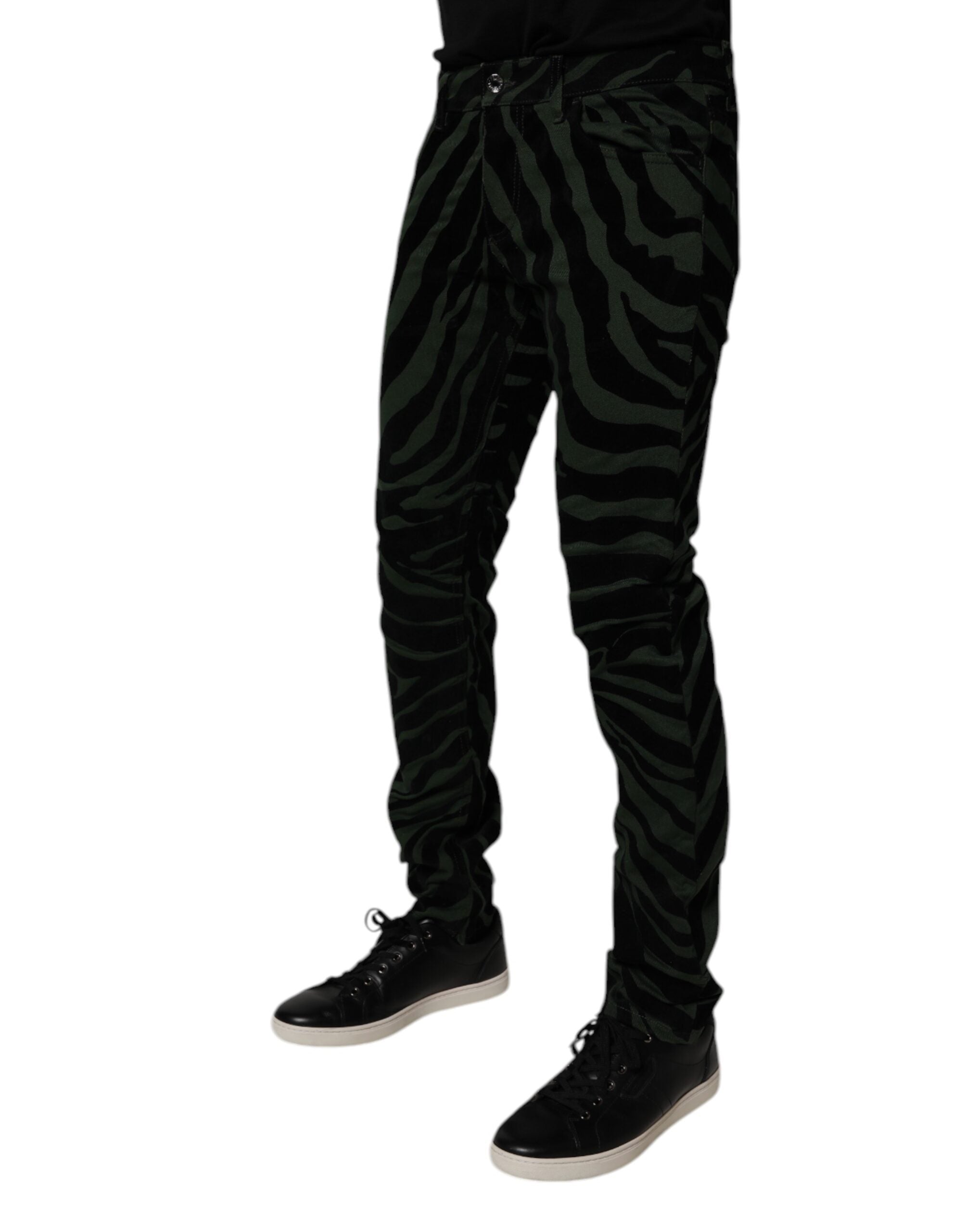 Jeans skinny en denim coton noir et vert à rayures Dolce & Gabbana, style moderne et ajusté pour femme.
