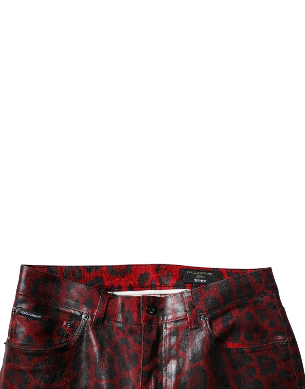 Jeans skinny homme en coton à motif léopard rouge de Dolce & Gabbana, style denim ajusté et tendance.