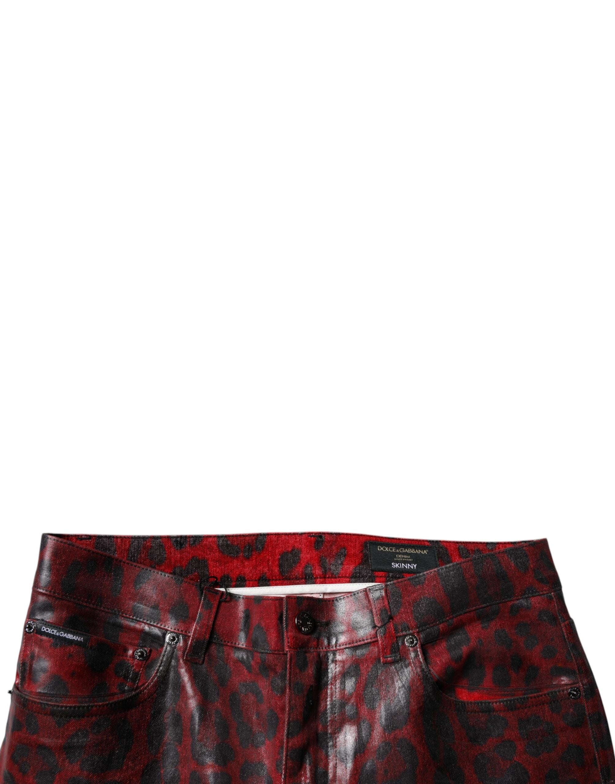 Jeans skinny homme en coton à motif léopard rouge de Dolce & Gabbana, style denim ajusté et tendance.