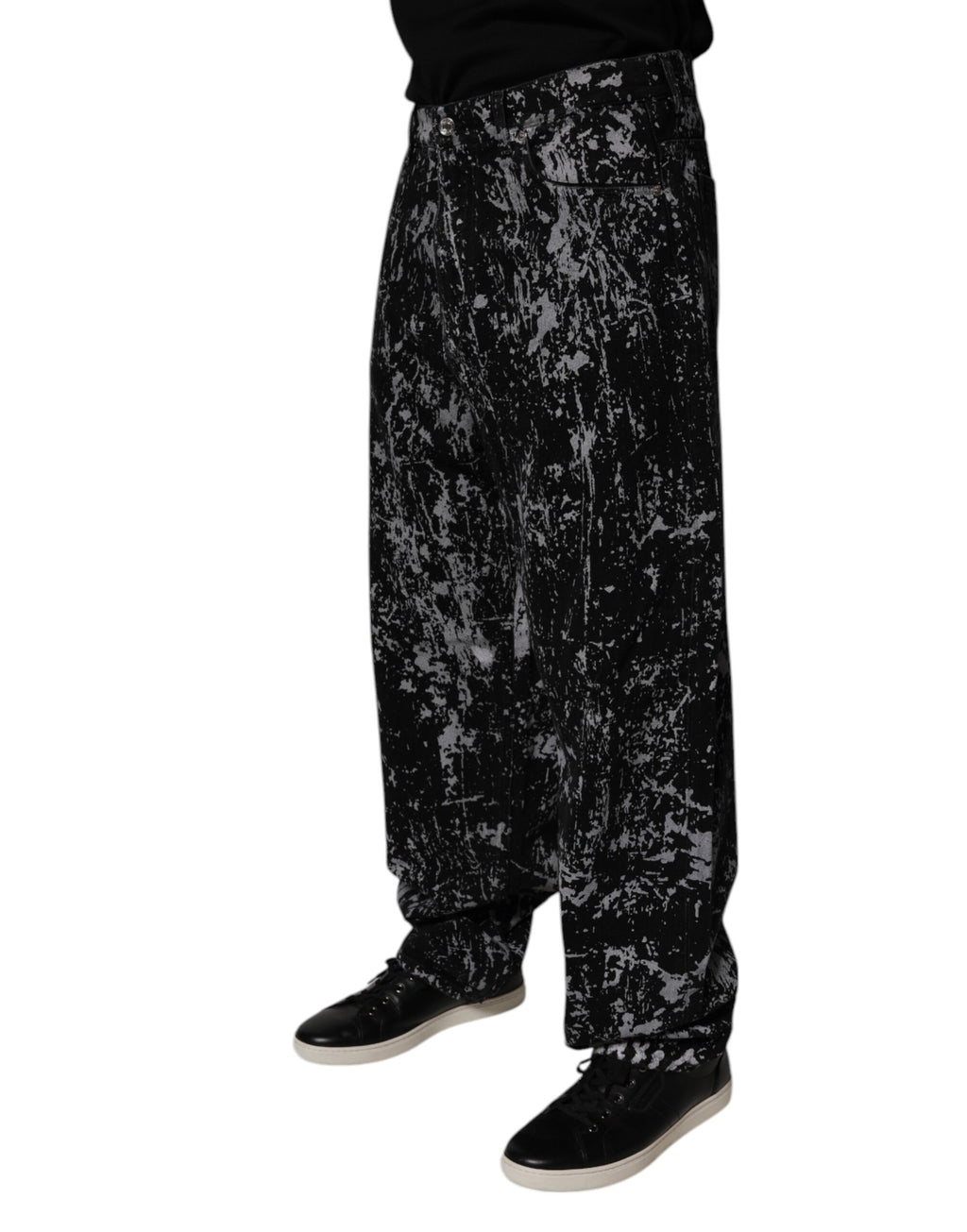 Jeans homme Dolce & Gabbana en coton noir tie-dye, coupe droite, style décontracté et tendance.