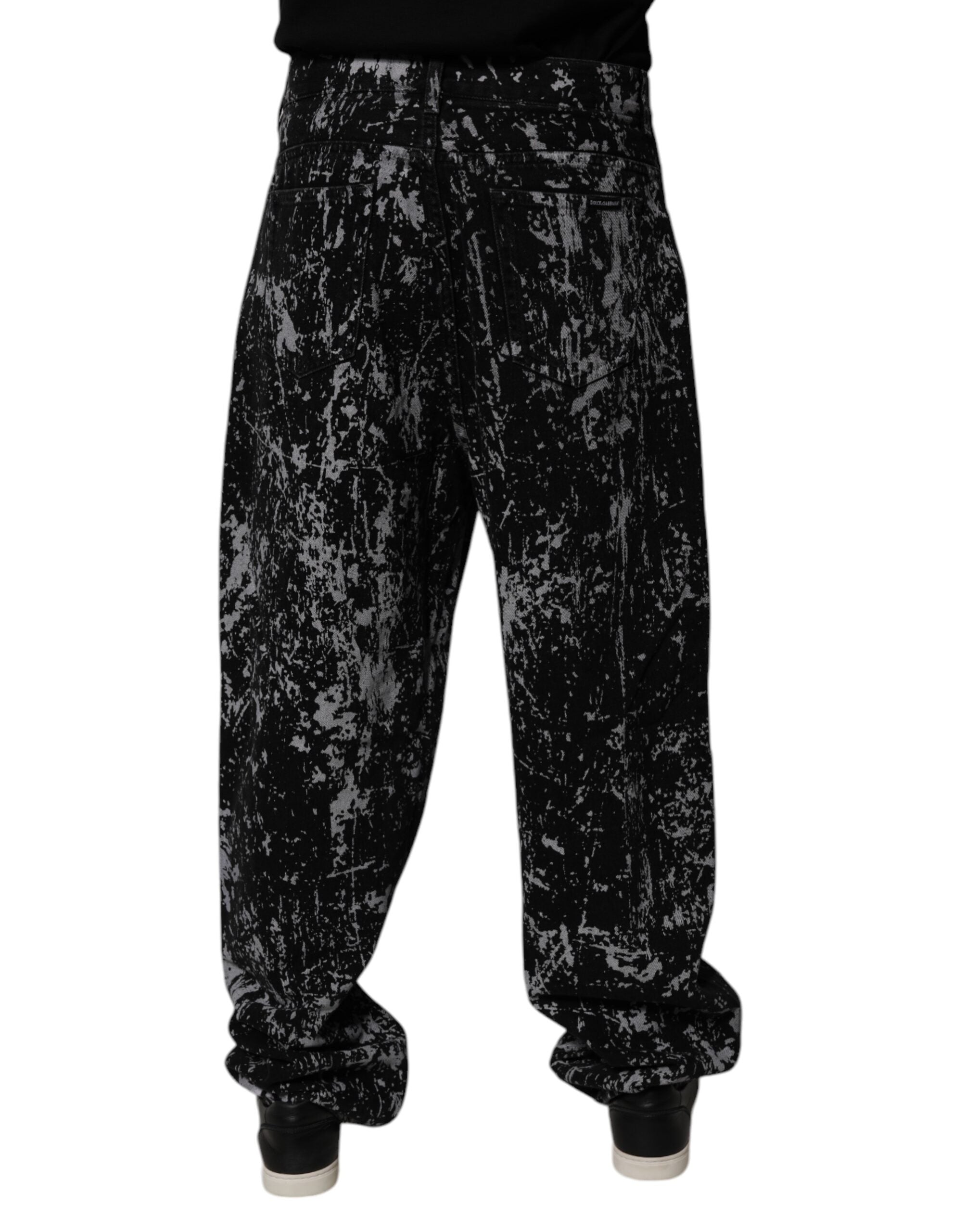 Jeans homme en denim droit noir à motif tie-dye en coton de Dolce & Gabbana, style décontracté et tendance.
