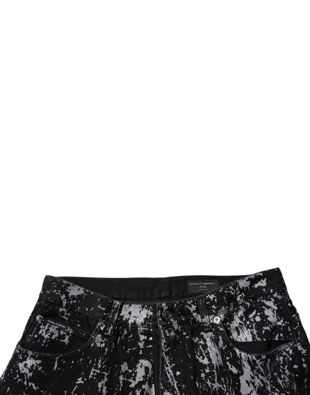 Jeans homme Dolce & Gabbana en coton noir tie-dye, coupe droite, denim tendance avec détails visibles.