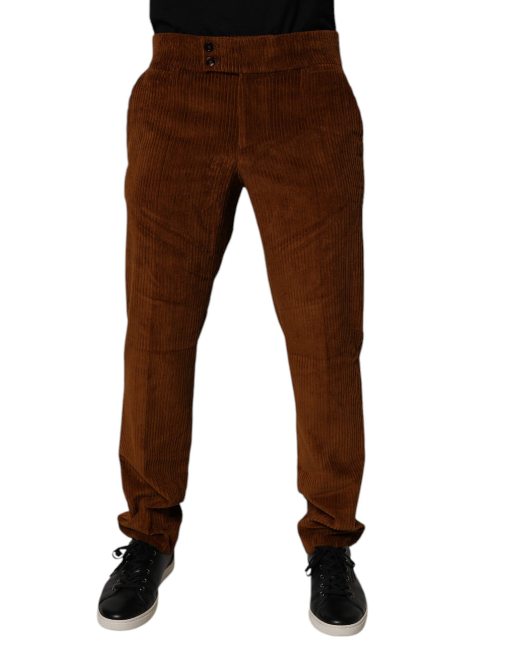 Jean skinny en denim de coton à rayures marron foncé de Dolce & Gabbana, visible avec une coupe ajustée et un tissu côtelé.