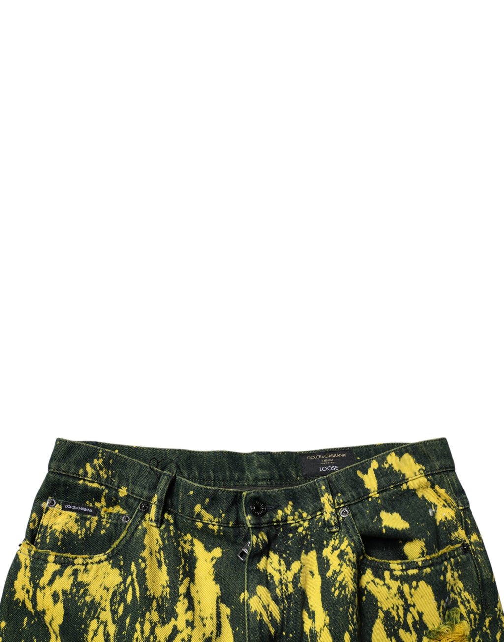 Pantalon en jean skinny homme Dolce & Gabbana noir et jaune tie-dye avec déchirures, style tattered, finition décontractée.