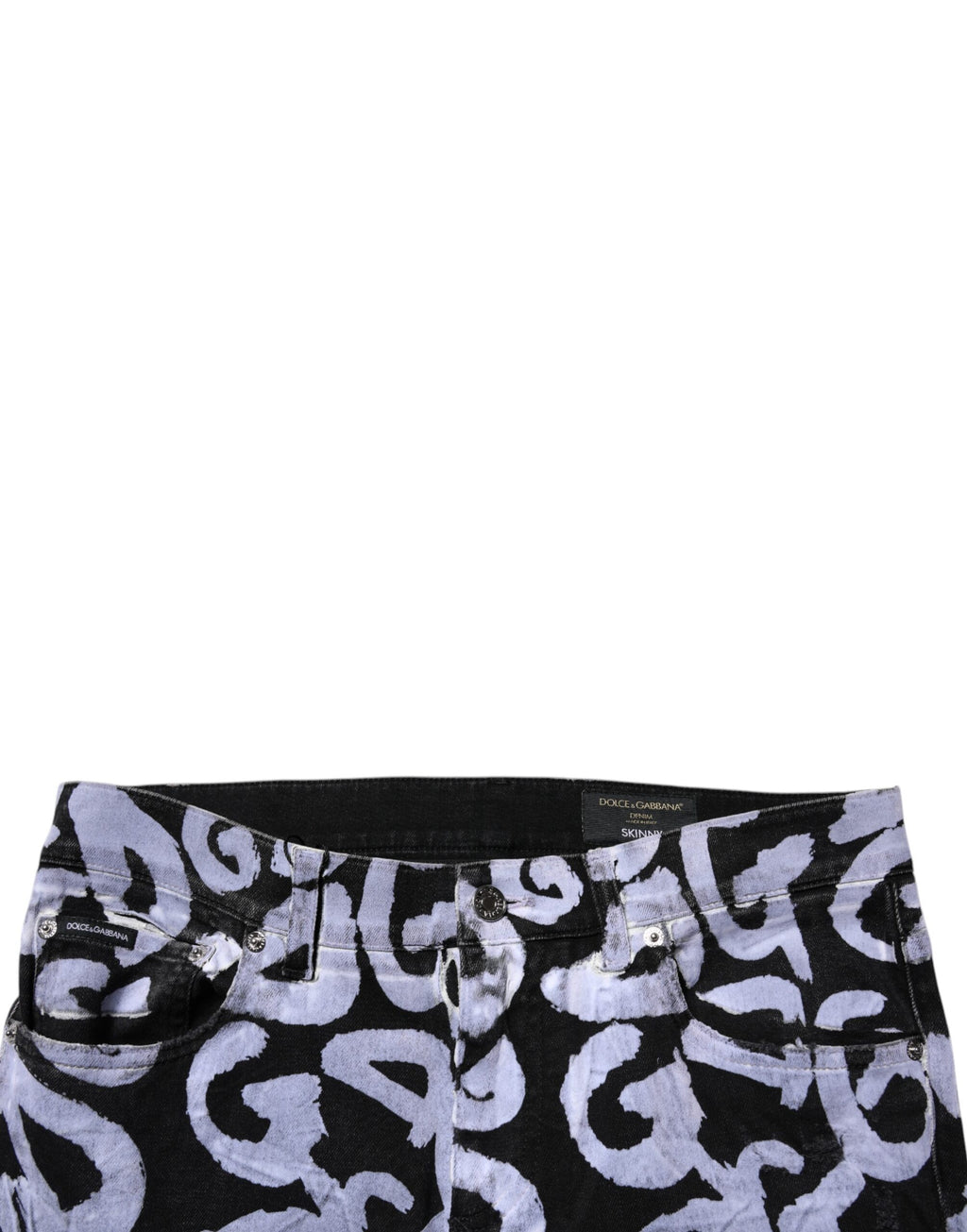 Jeans skinny en denim noir Dolce & Gabbana avec logo monogramme en coton, illustration de la coupe ajustée et du design élégant.