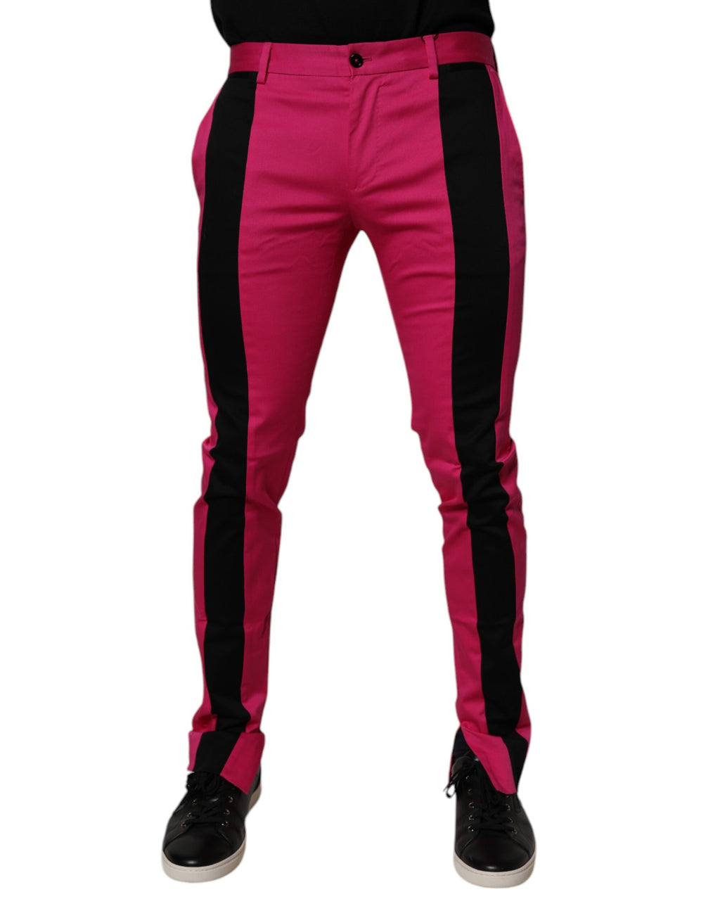 Pantalon homme Dolce & Gabbana à rayures roses et noires, coupe slim, style élégant pour dress code formel.