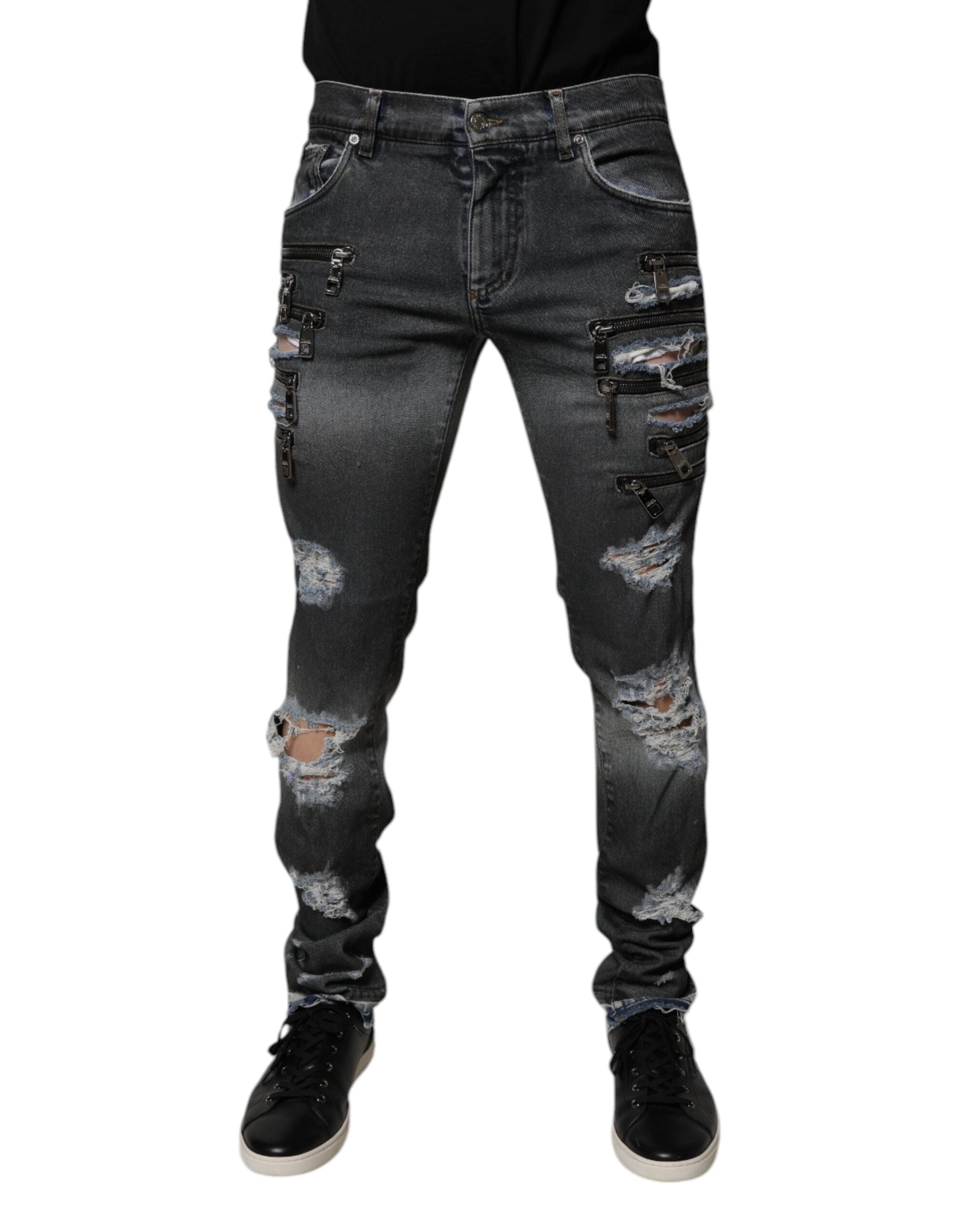 Jeans skinny en denim coton gris foncé déchiré de Dolce & Gabbana, style épuré et tendance.