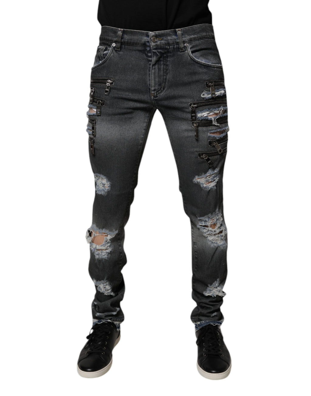 Jean skinny en denim gris foncé Dolce & Gabbana avec déchirures et coupe ajustée, en coton.