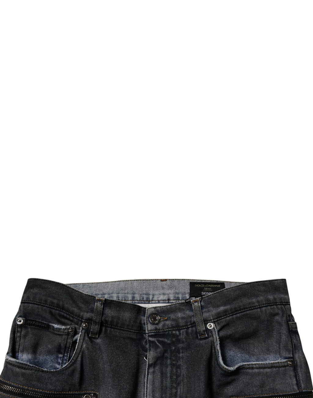 Jeans skinny en denim coton gris foncé déchiré de Dolce & Gabbana, style tattered et moderne.