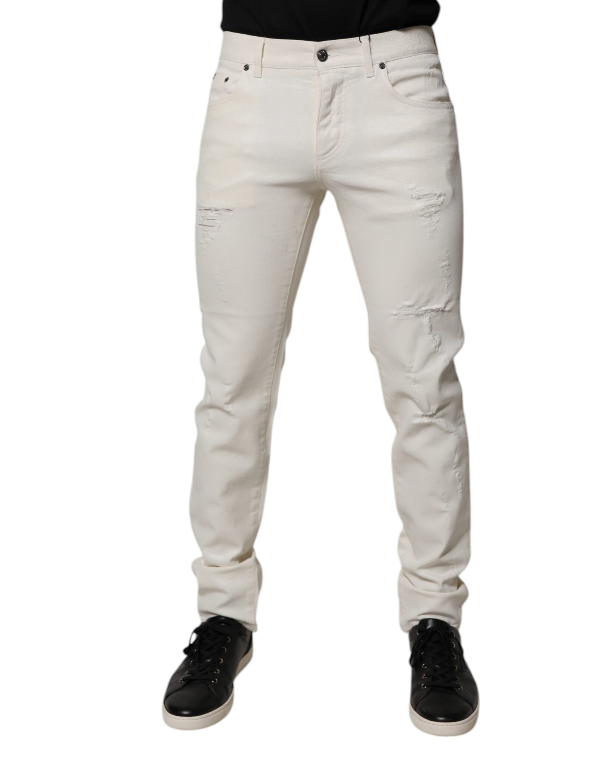 Jeans skinny en denim stretch blanc en coton de Dolce & Gabbana, vue de face avec détails de couture visibles.