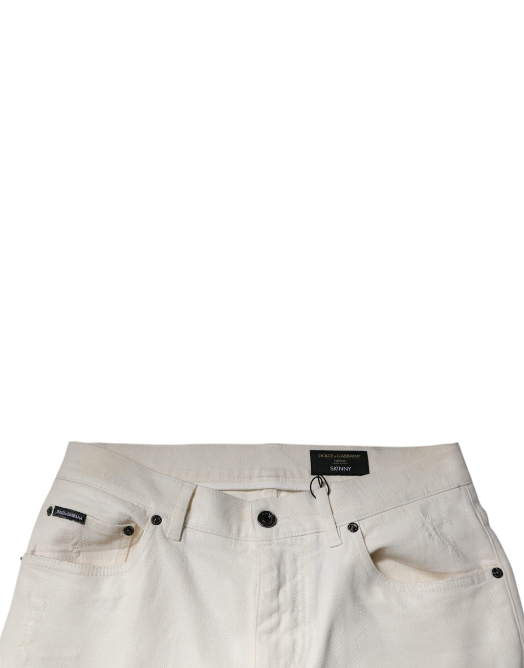 Jean skinny en denim blanc stretch Dolce & Gabbana, coupe ajustée et moderne, visible détails de la couture et la texture du tissu.
