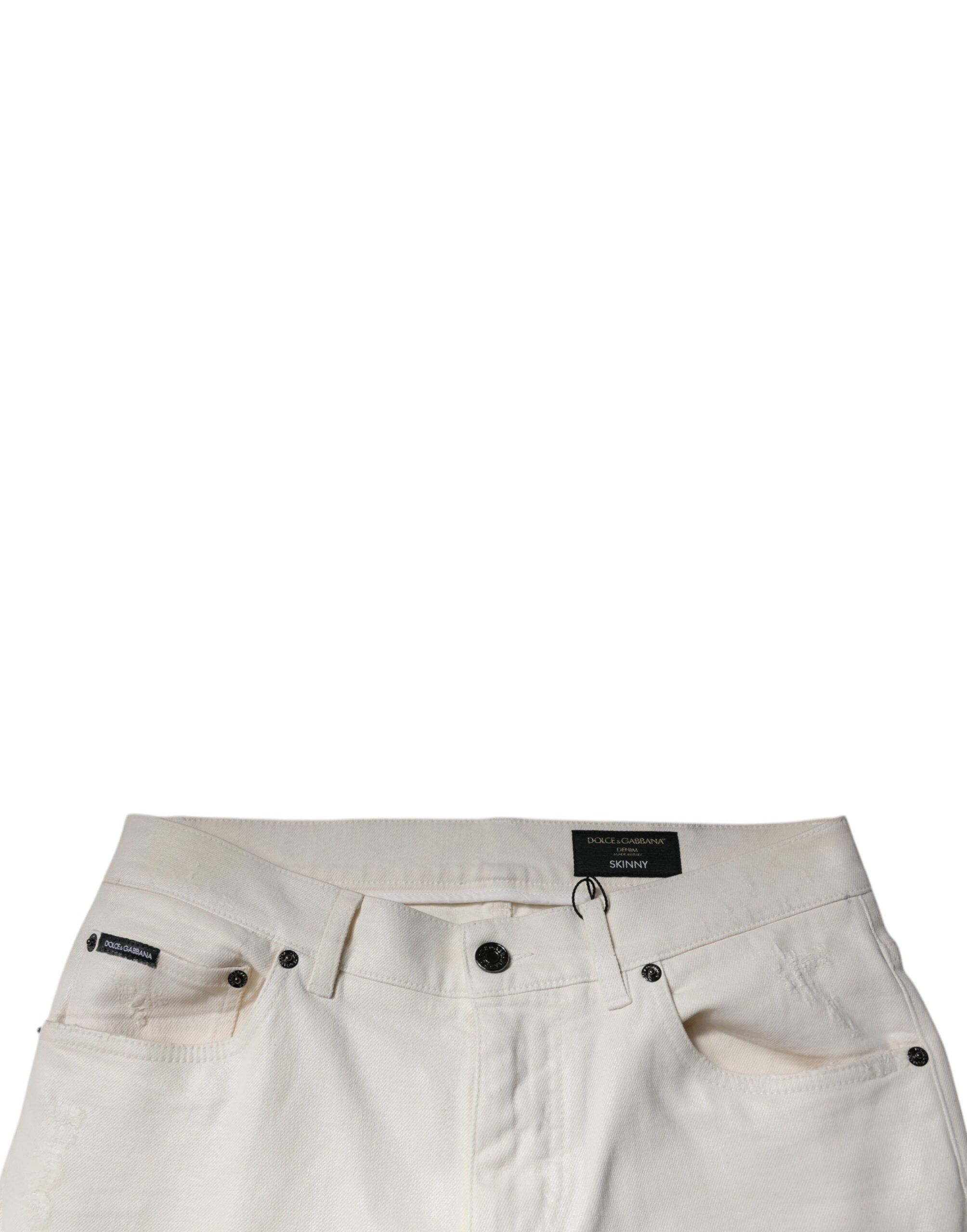 Jean skinny en denim blanc stretch Dolce & Gabbana, coupe ajustée et moderne, visible détails de la couture et la texture du tissu.