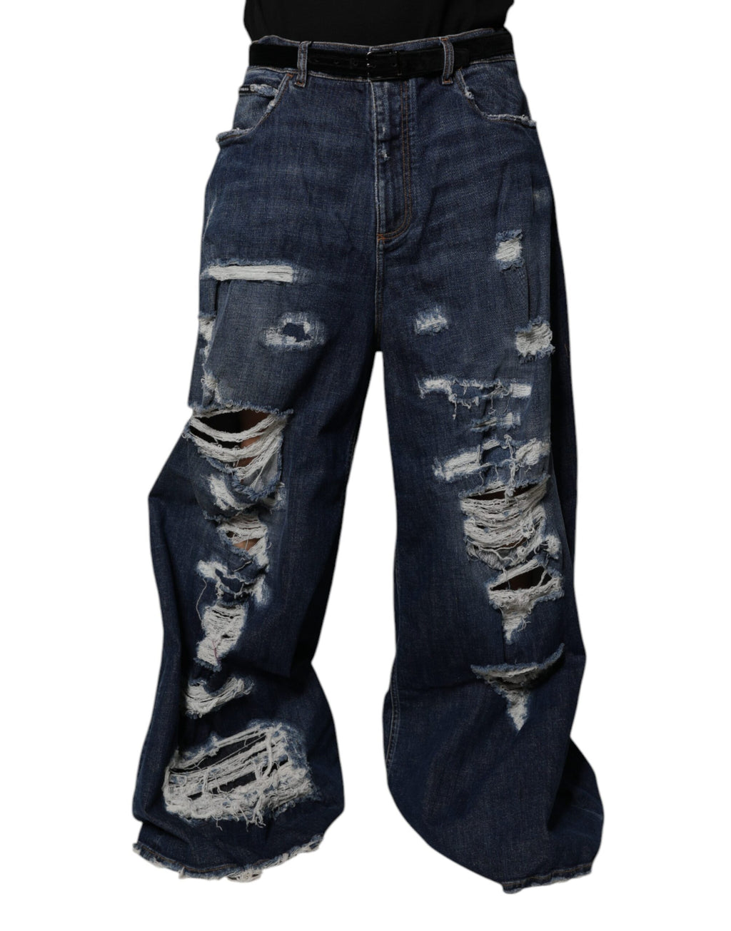 Jeans hommes en jean bleu foncé déchiré à jambes larges de Dolce & Gabbana, style décontracté et tendance.