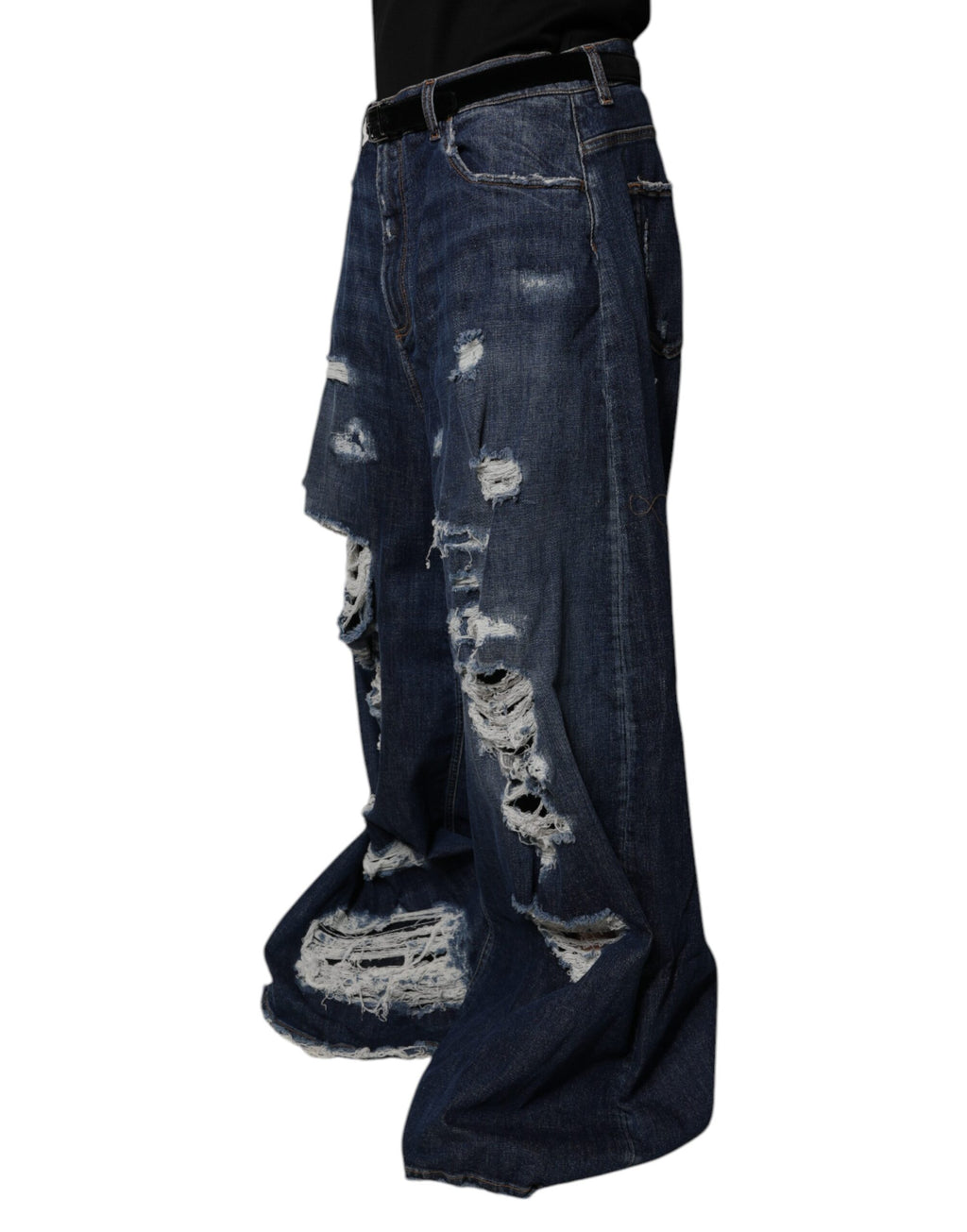 Jeans homme Dolce & Gabbana en denim bleu foncé déchiré, coupe large et style décontracté.