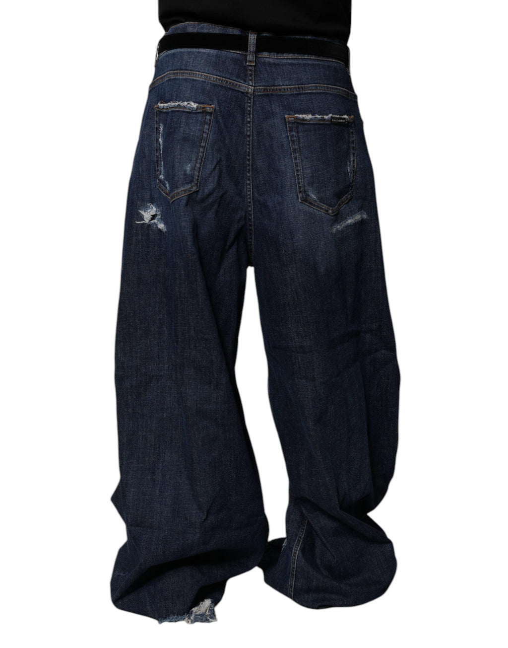 Jeans homme Dolce & Gabbana en denim bleu foncé, déchirés, coupe large, style décontracté et tendance.