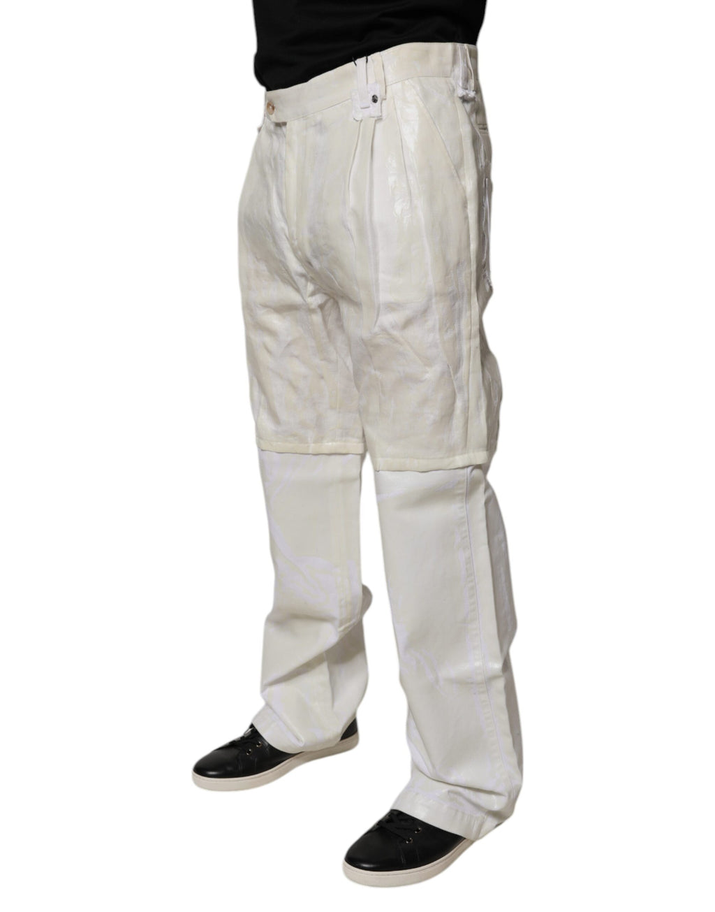 Jeans homme Dolce & Gabbana en lin blanc, taille mi-haute, coupe droite, denim, visible détail de la texture et de la coupe.